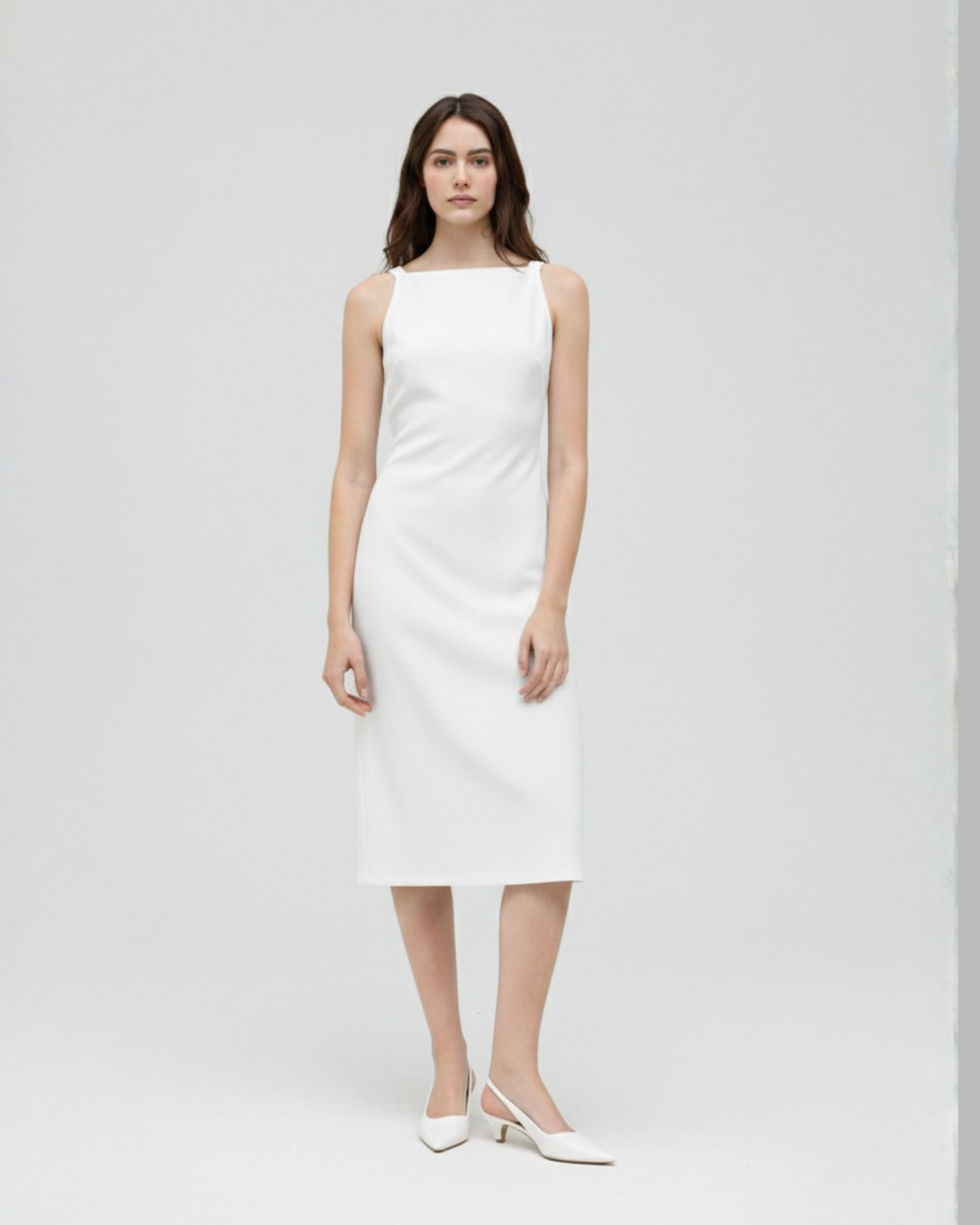 Boat Neck Twist Ruched Midi Dress - White