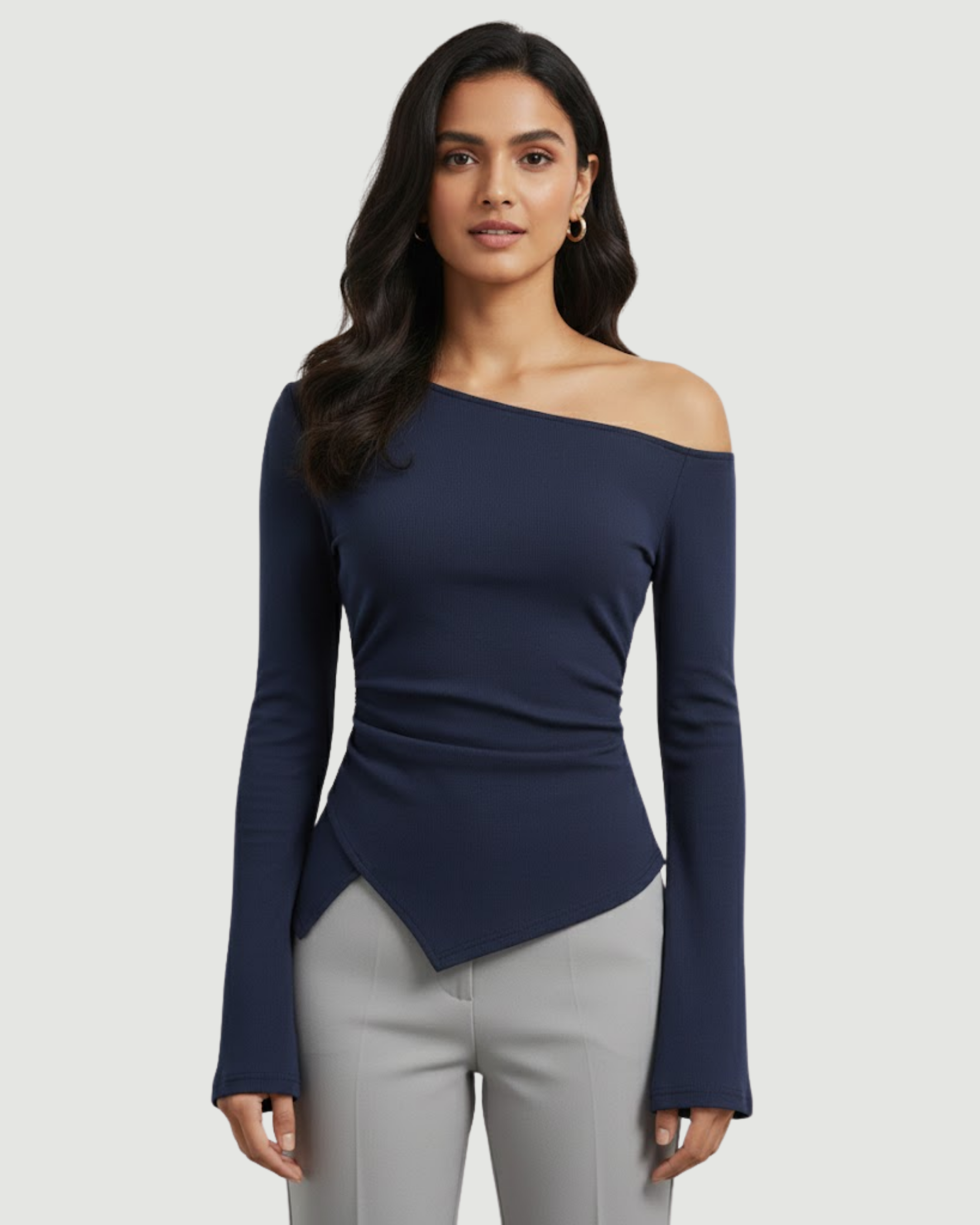 FlairLine SoftWave Sleeve Blouse - Navy Blue