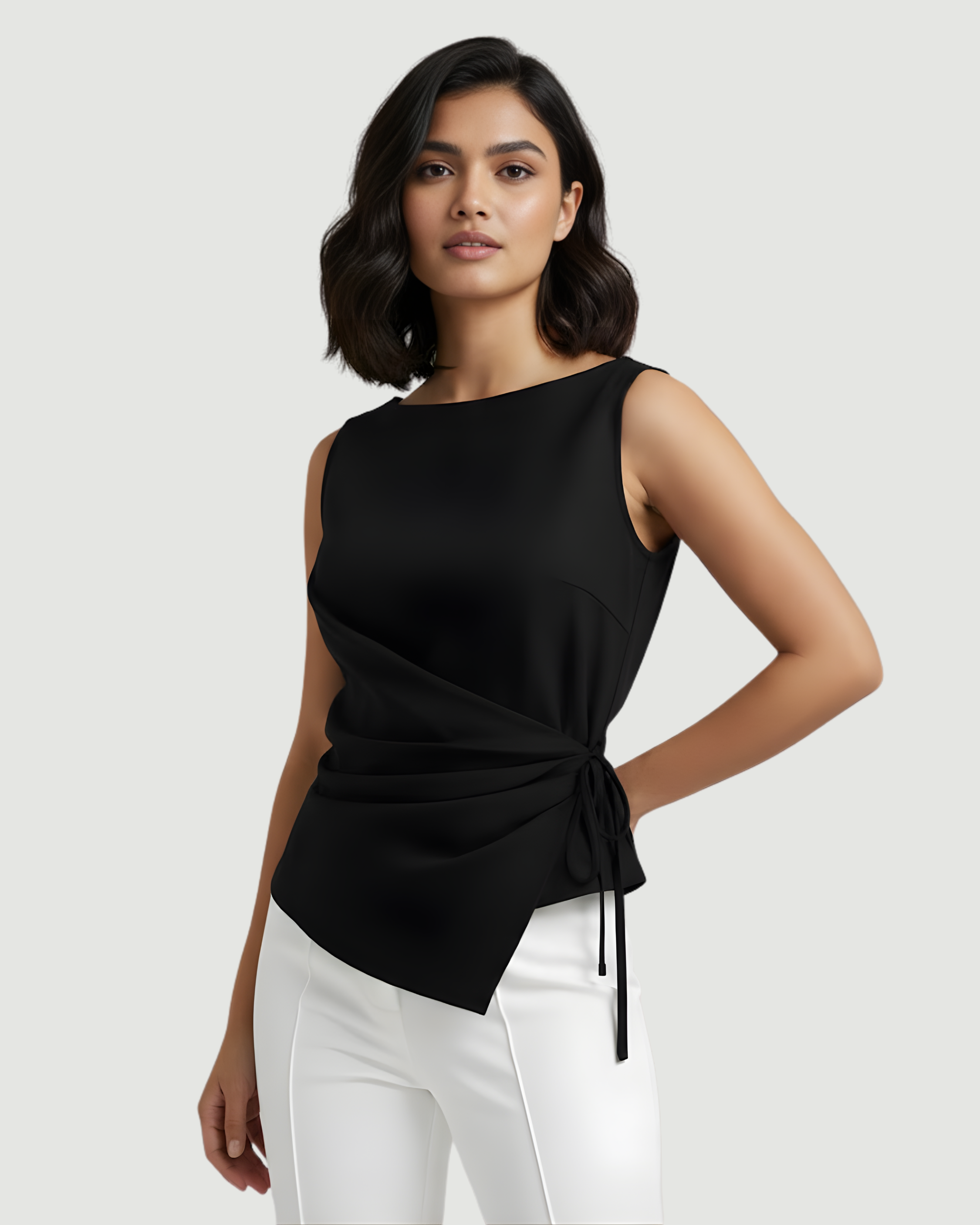 LinenWave Knot-Front Weekend Top-Black