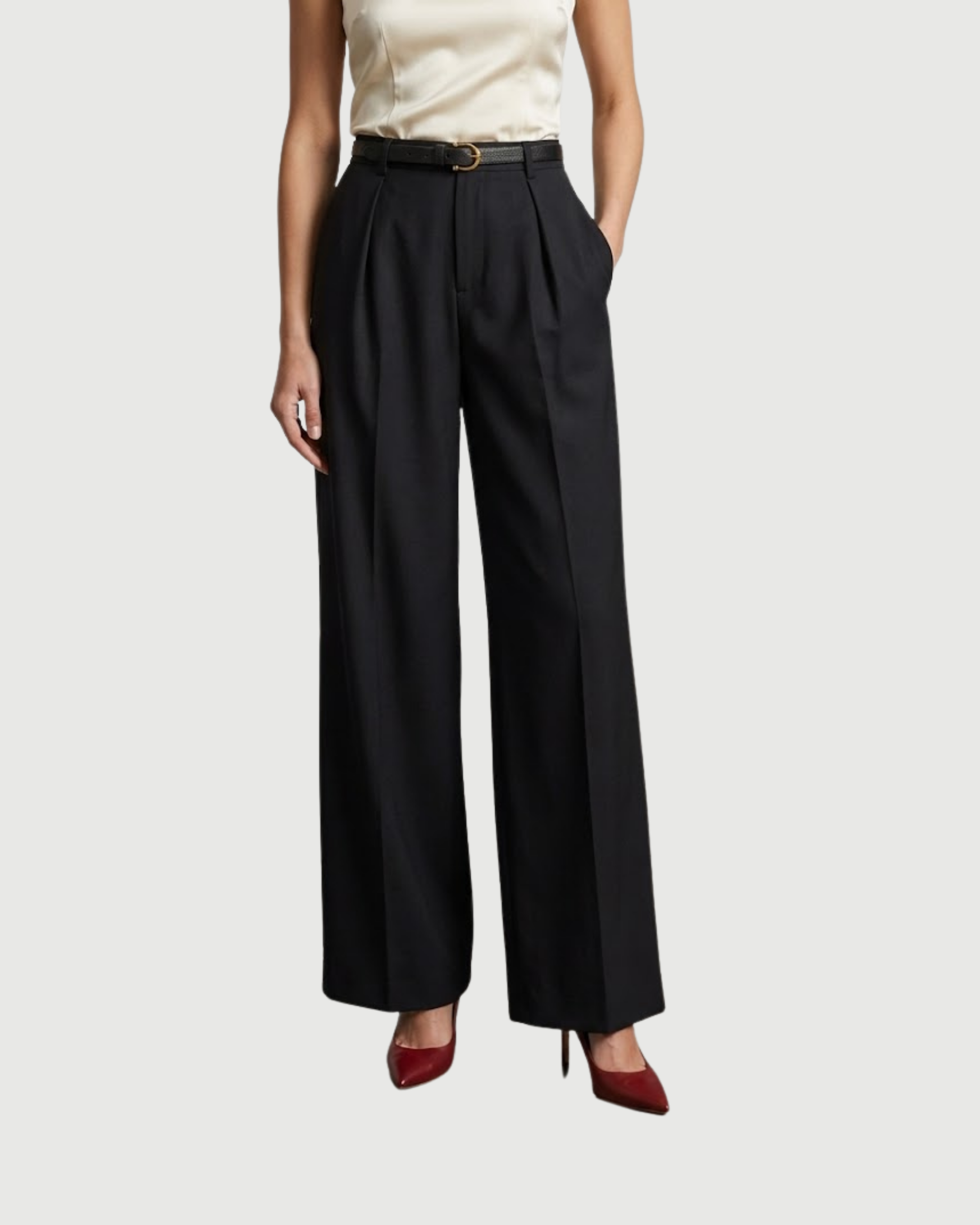 Tailored Wide-Leg Belted Trousers-Black