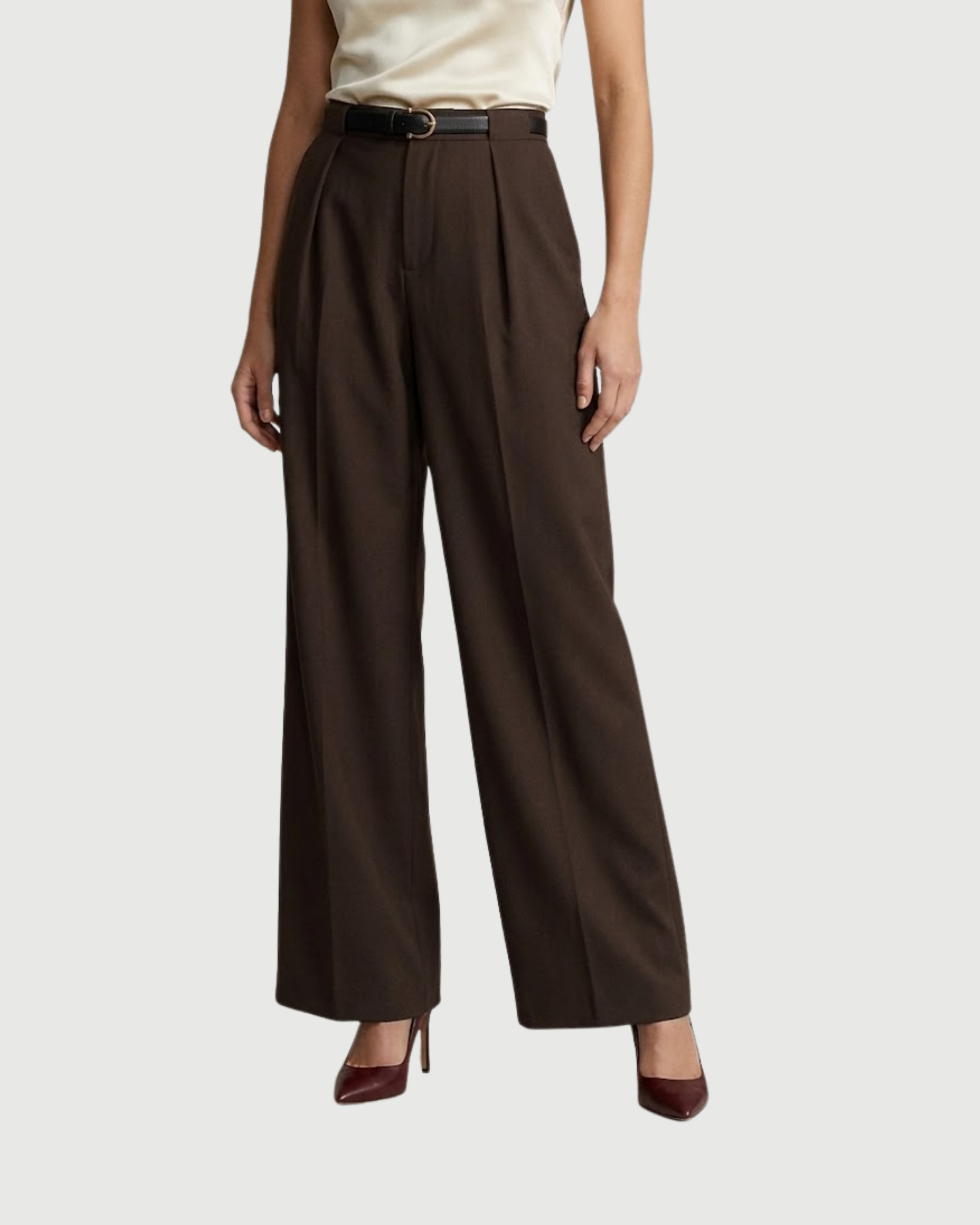 Tailored Wide-Leg Belted Trousers-Coffee