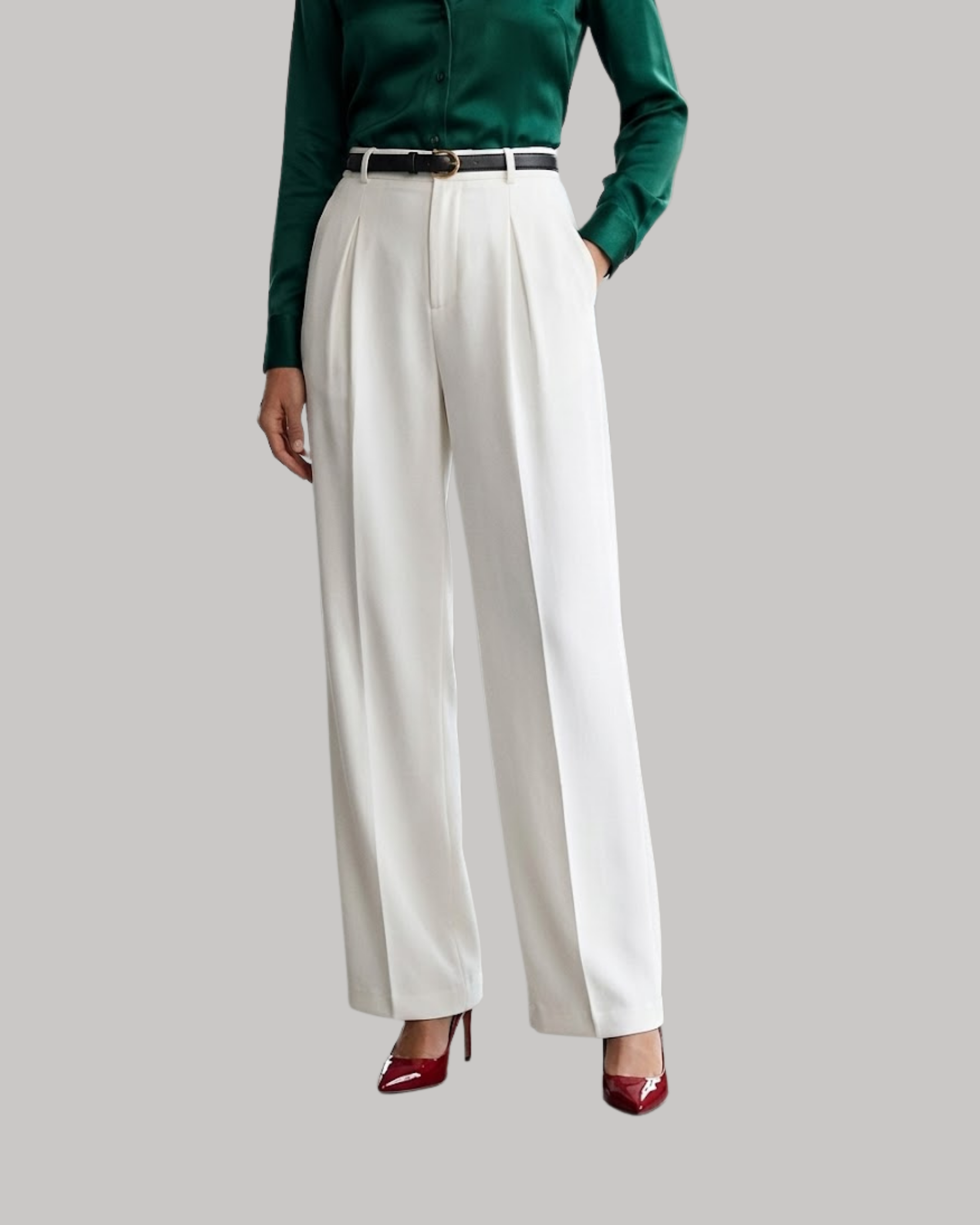 Tailored Wide-Leg Belted Trousers-White