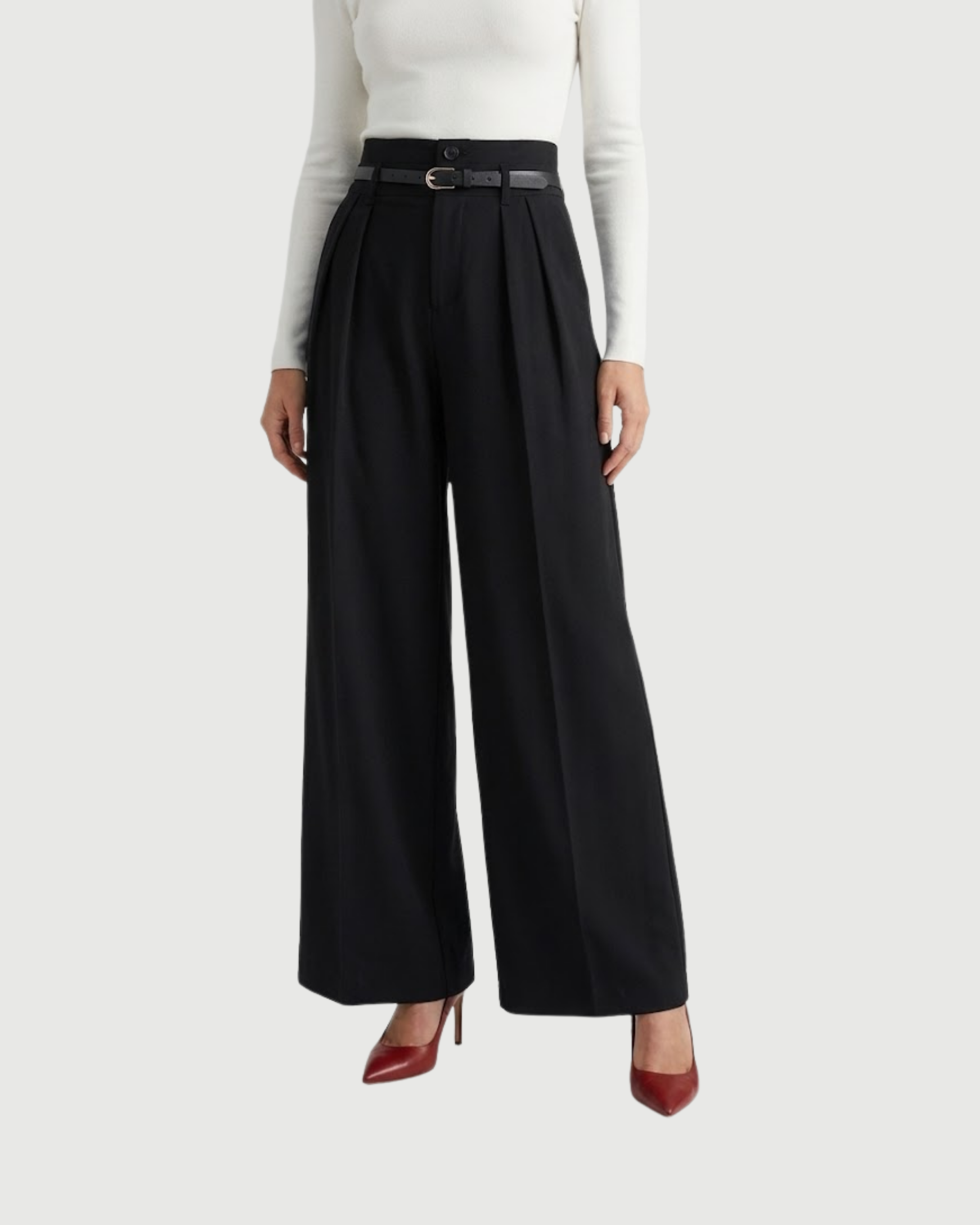 Flowy Belted Wide Leg Pants- Black