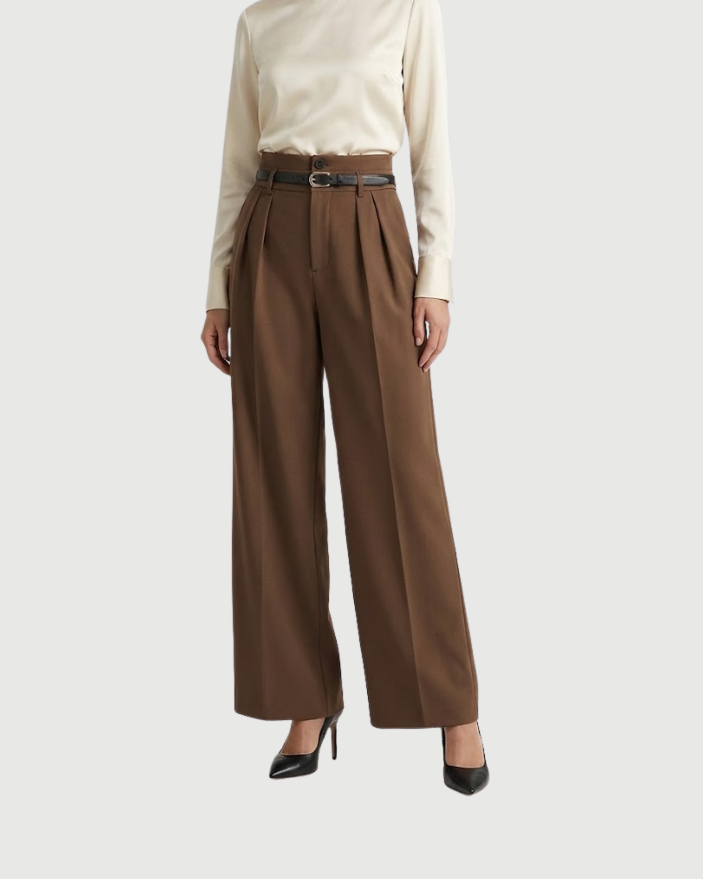 Flowy Belted Wide Leg Pants-Brown
