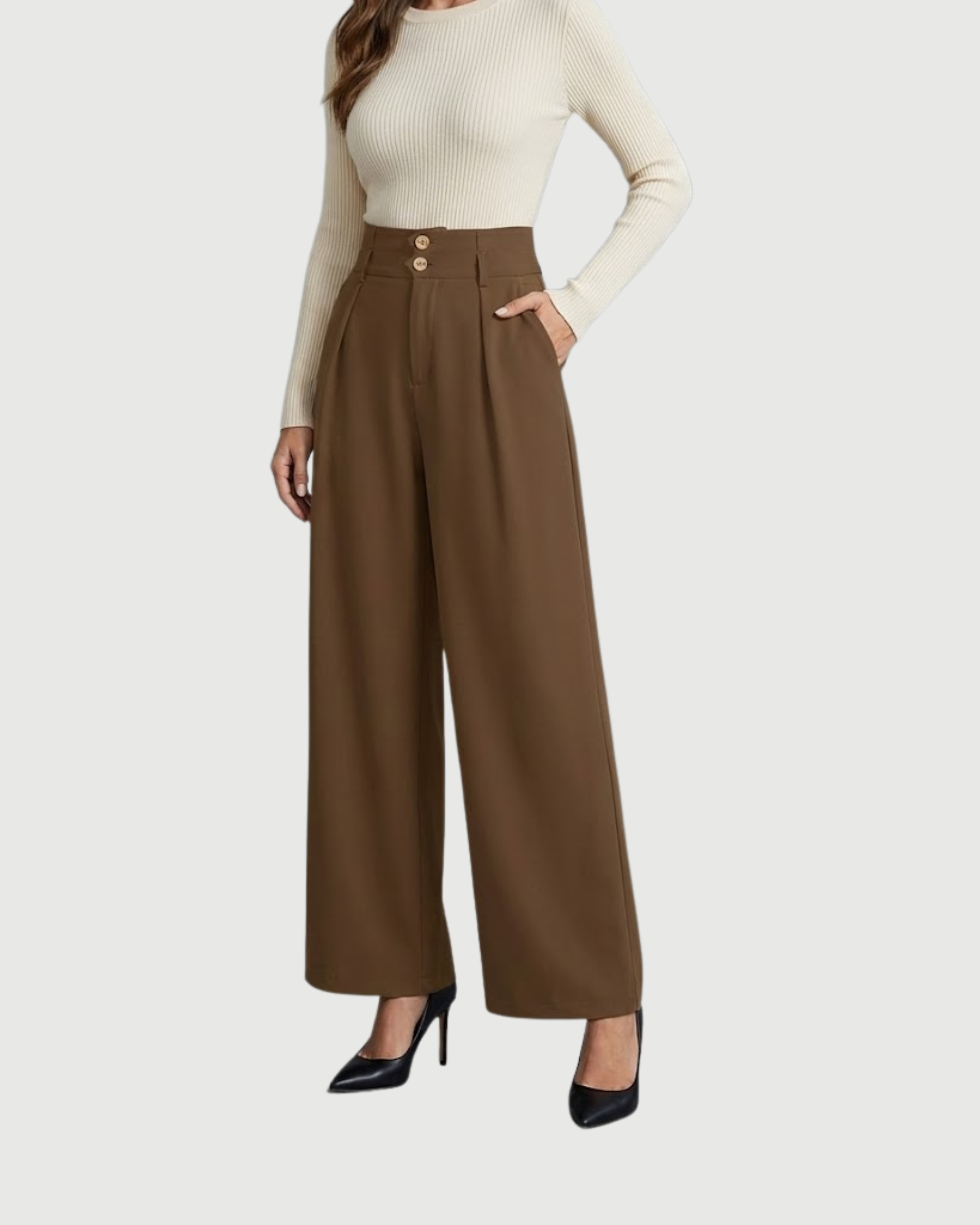 Button Detail Wide Leg Trousers-Brown