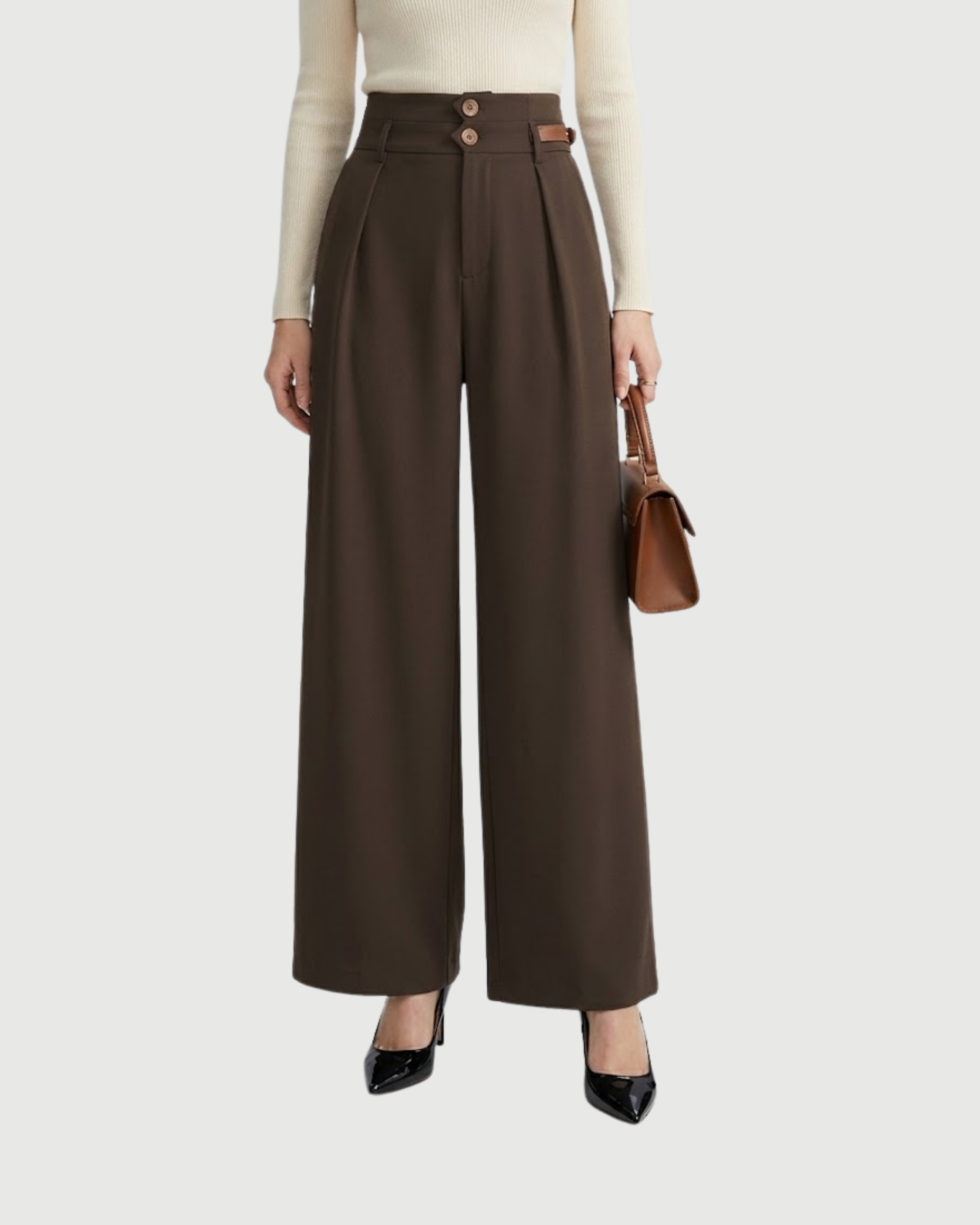 Button Detail Wide Leg Trousers-Coffee
