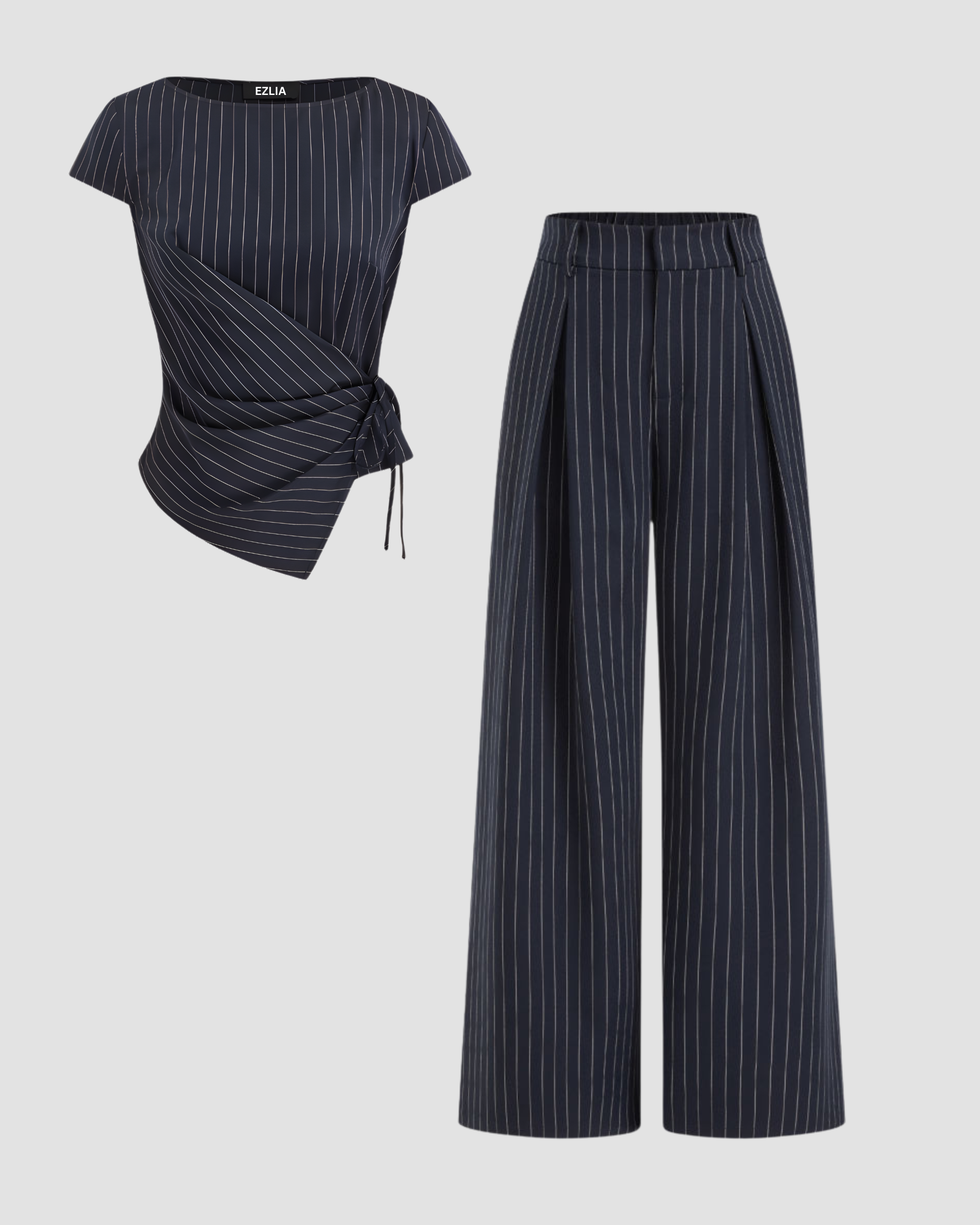 Striped Wrap-Knot Top & Straight Leg Trouser Set