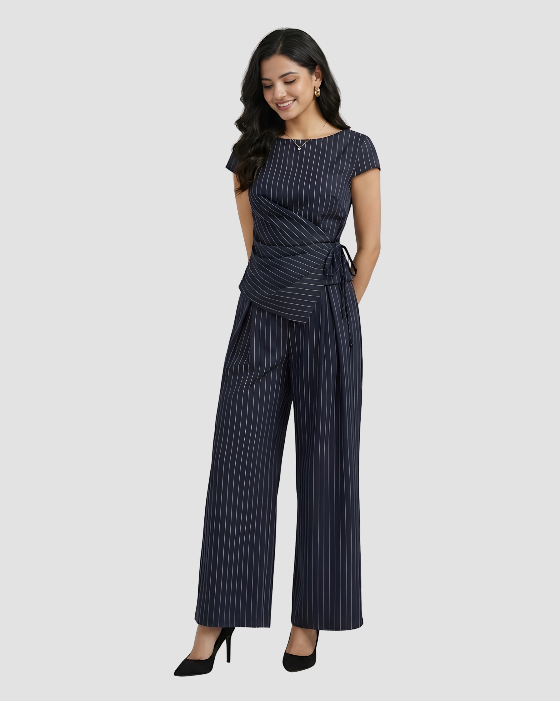 Striped Wrap-Knot Top & Straight Leg Trouser Set