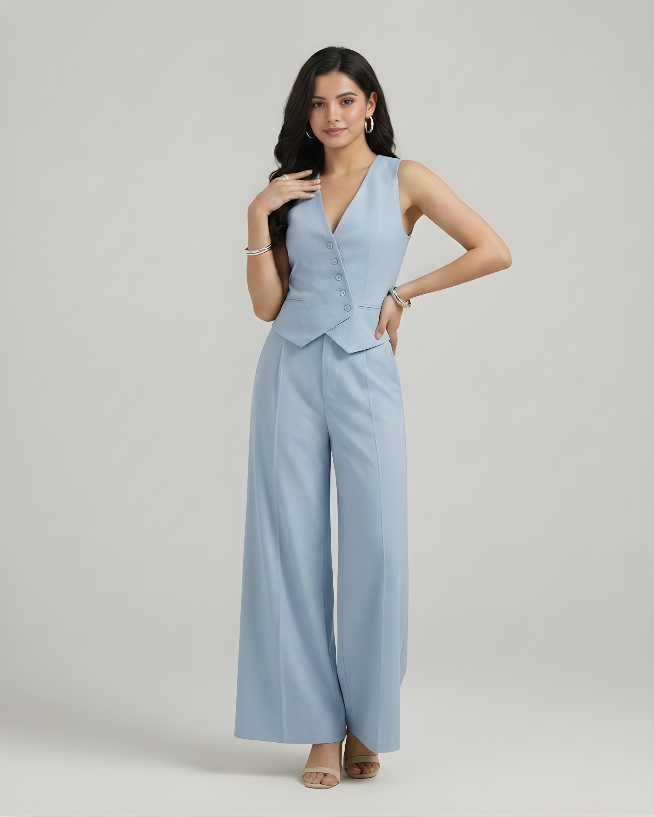 Linen Blend Vest Jacket & Wide Leg Pant Set