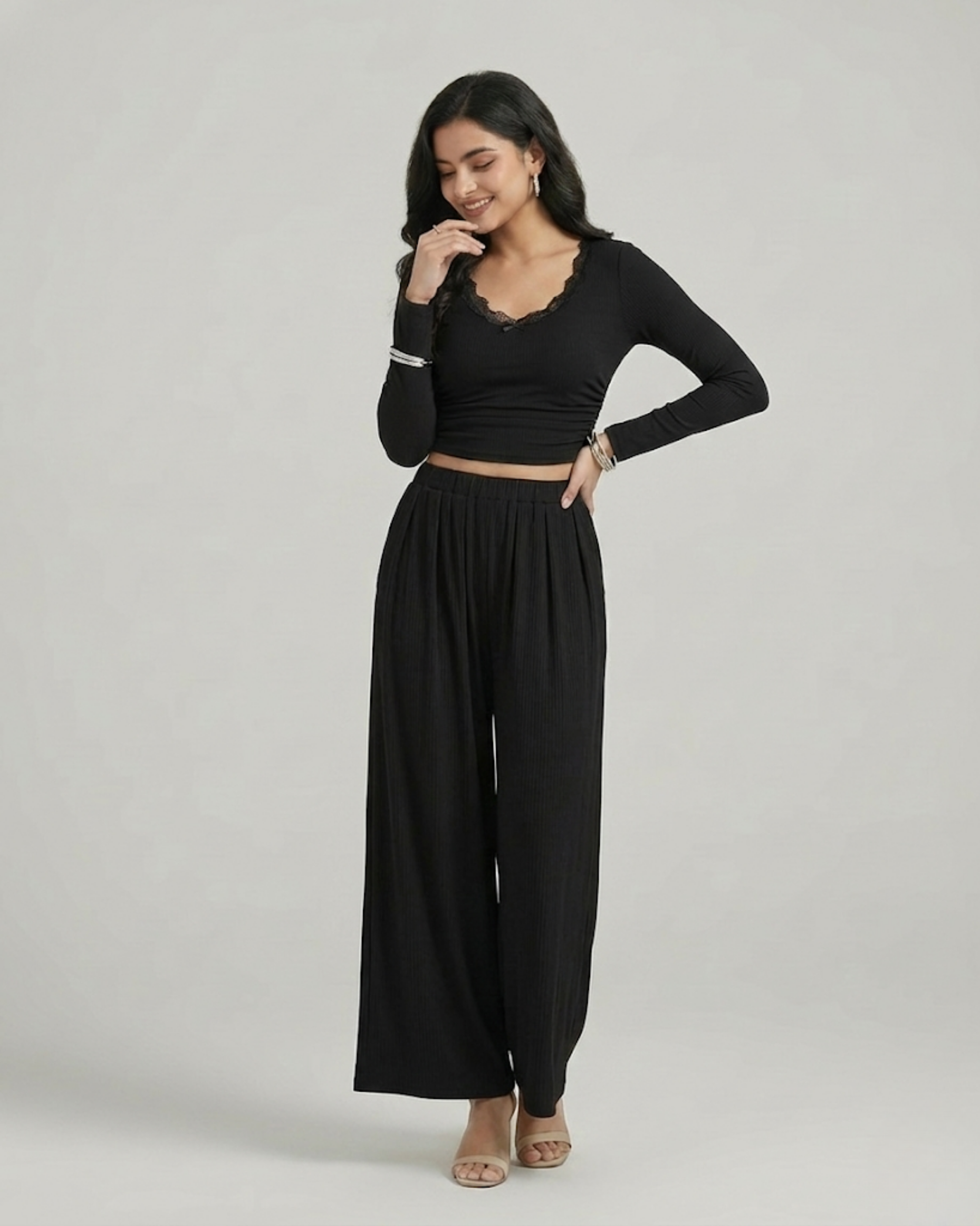 Lace Bowknot Crop Top & Petite Wide Leg Pants