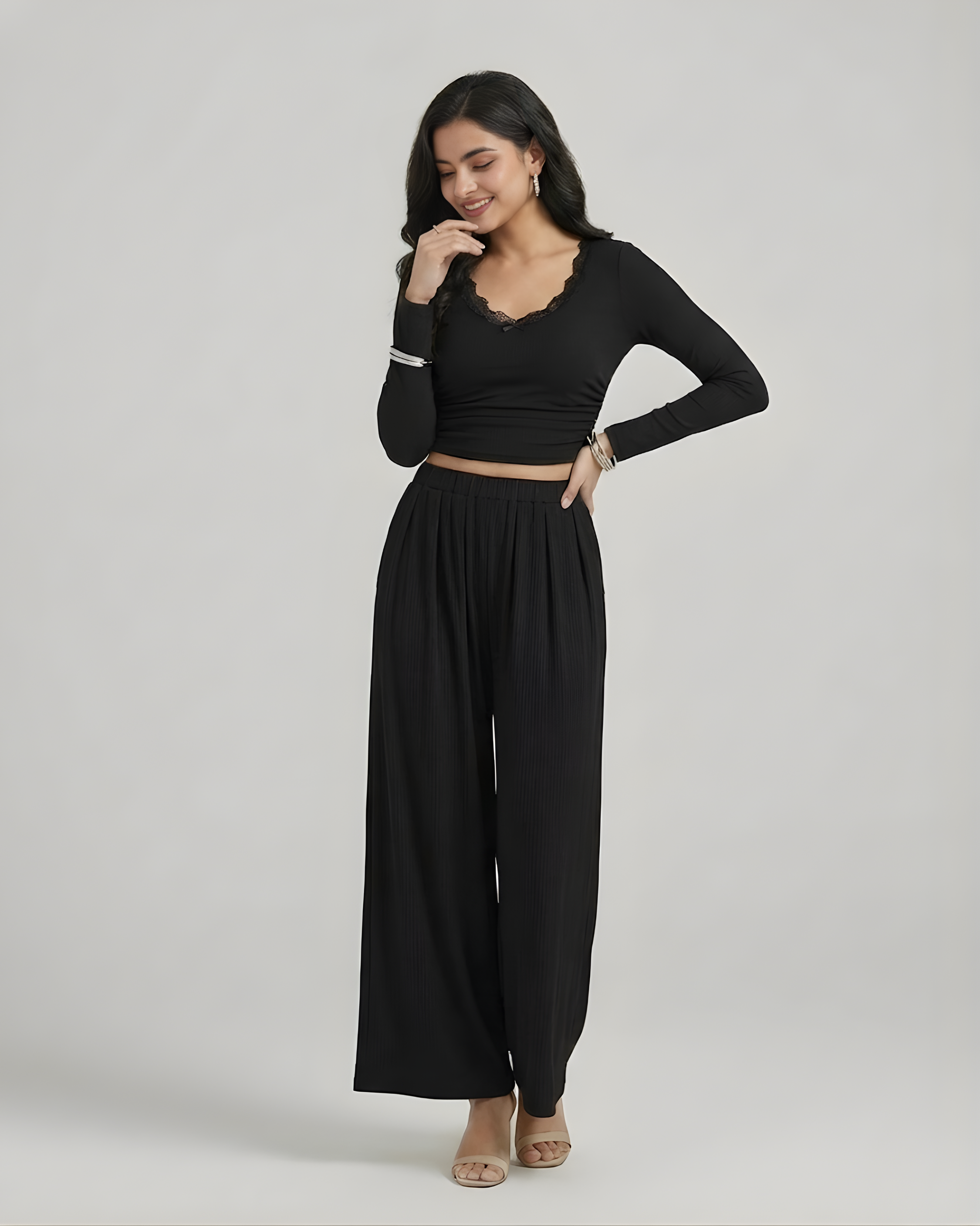 Lace Bowknot Crop Top & Petite Wide Leg Pants