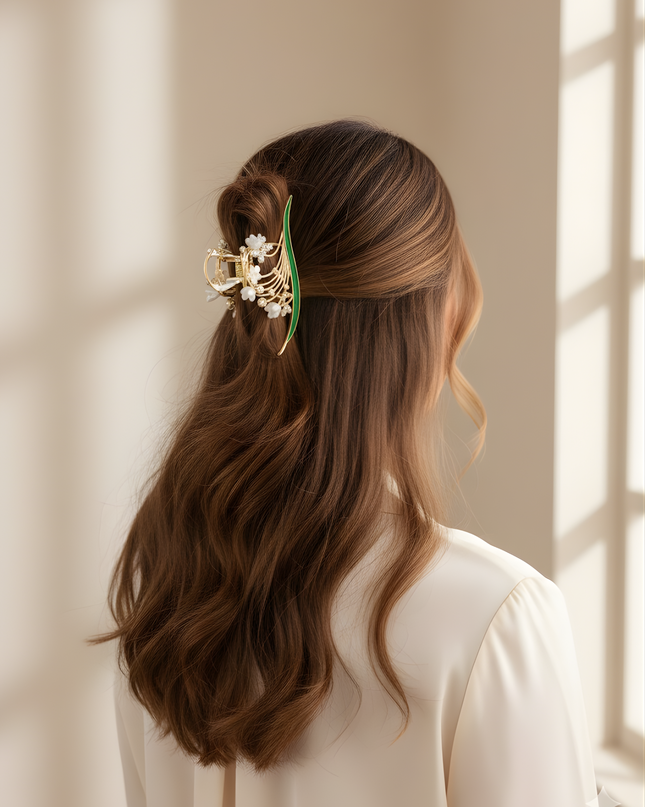 Gold & Green Enamel Floral Hair Claw Clip with Pearl