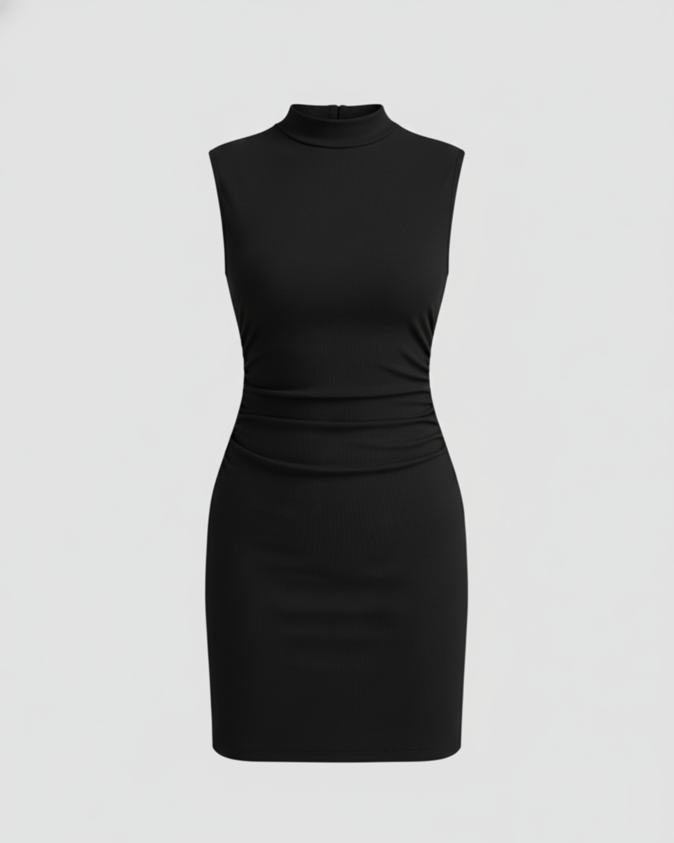 Chic Stand-Collar Gathered Mini Dress - Black