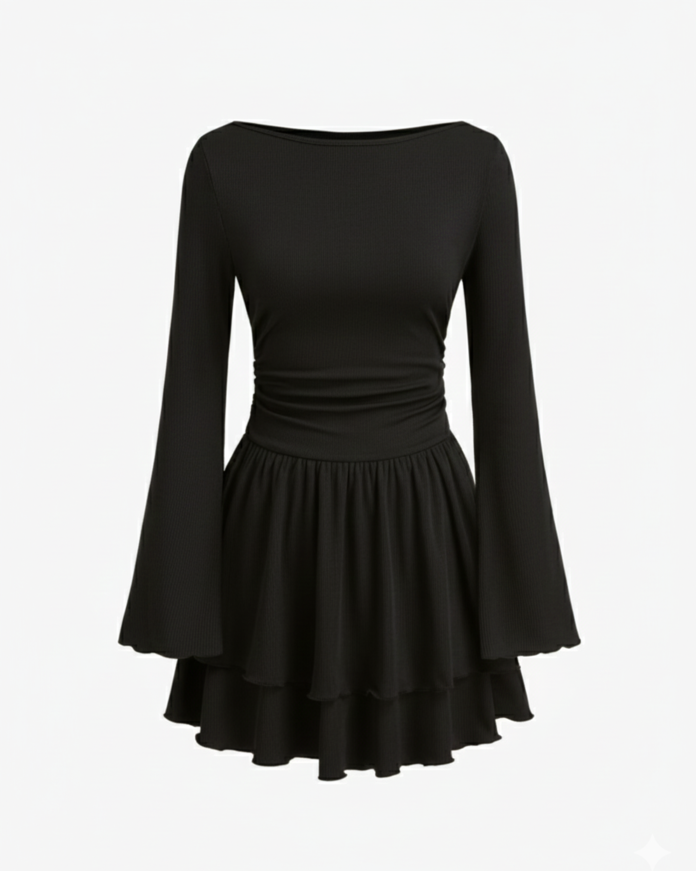 Bohemian Bell Sleeve Layered Mini Dress - Black
