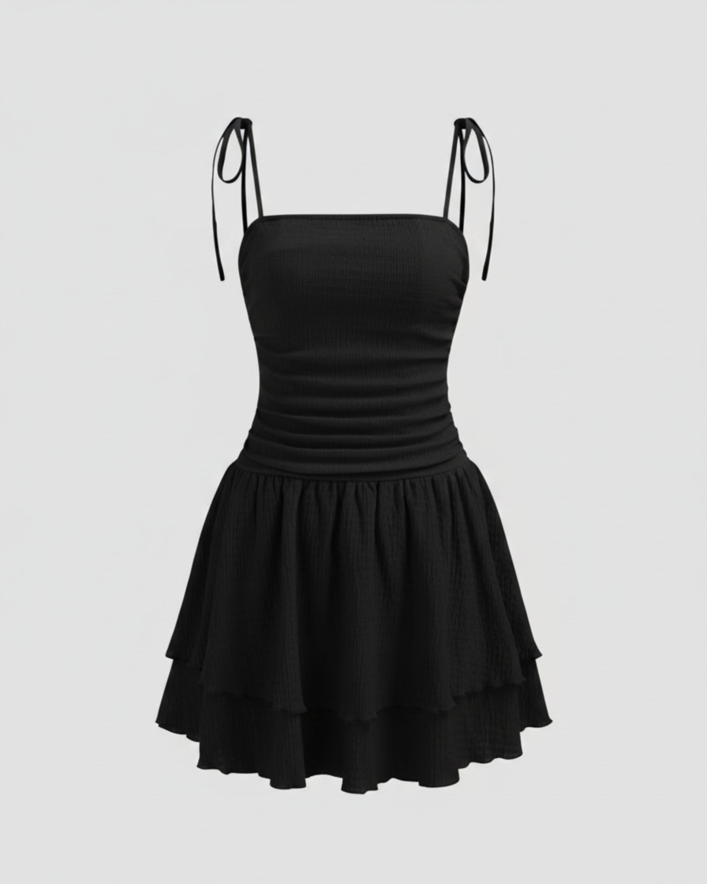 Ruched Knotted Mini Dress with Square Neckline -Black
