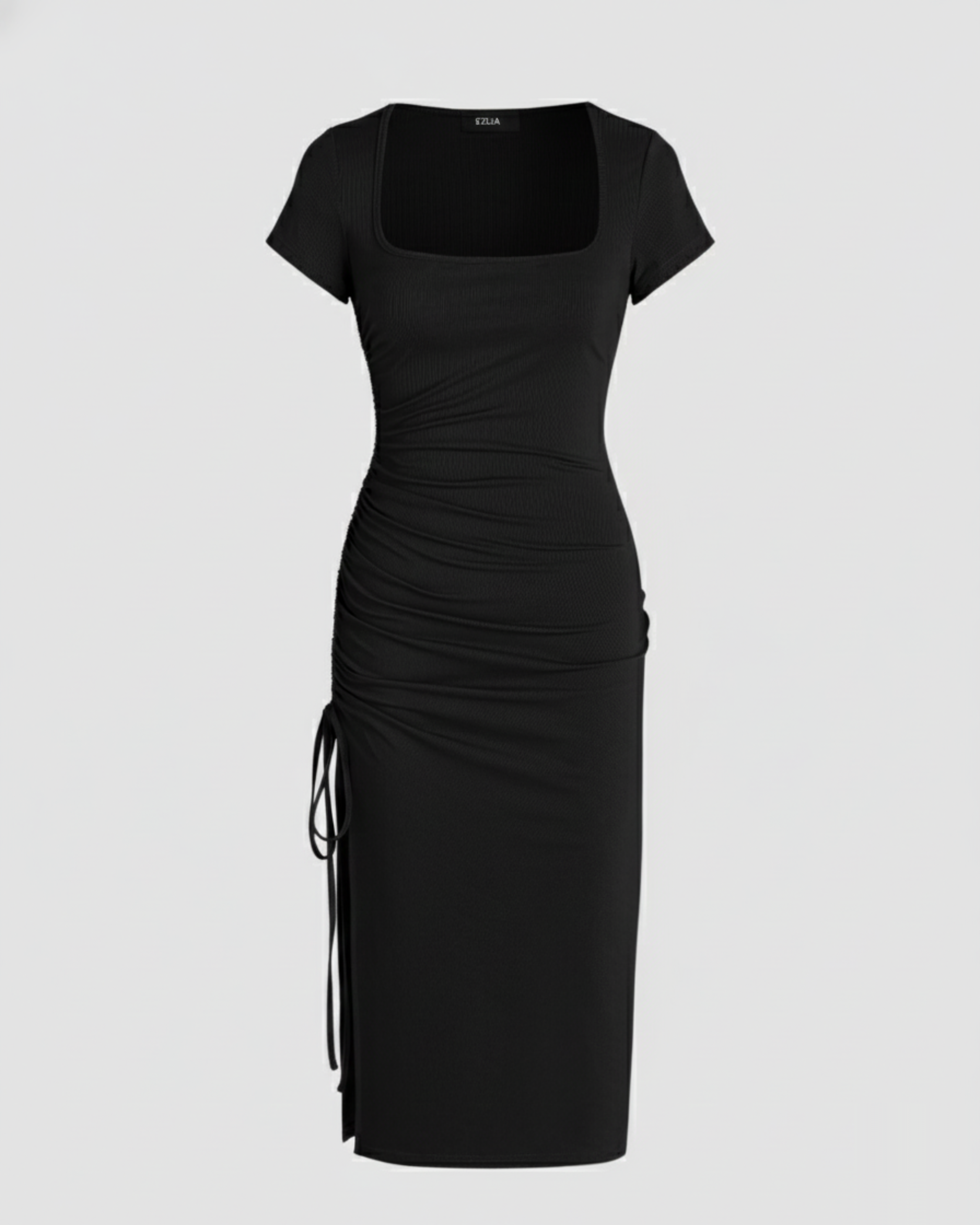 Square-Neck Knotted Slit Midi Dress - Black
