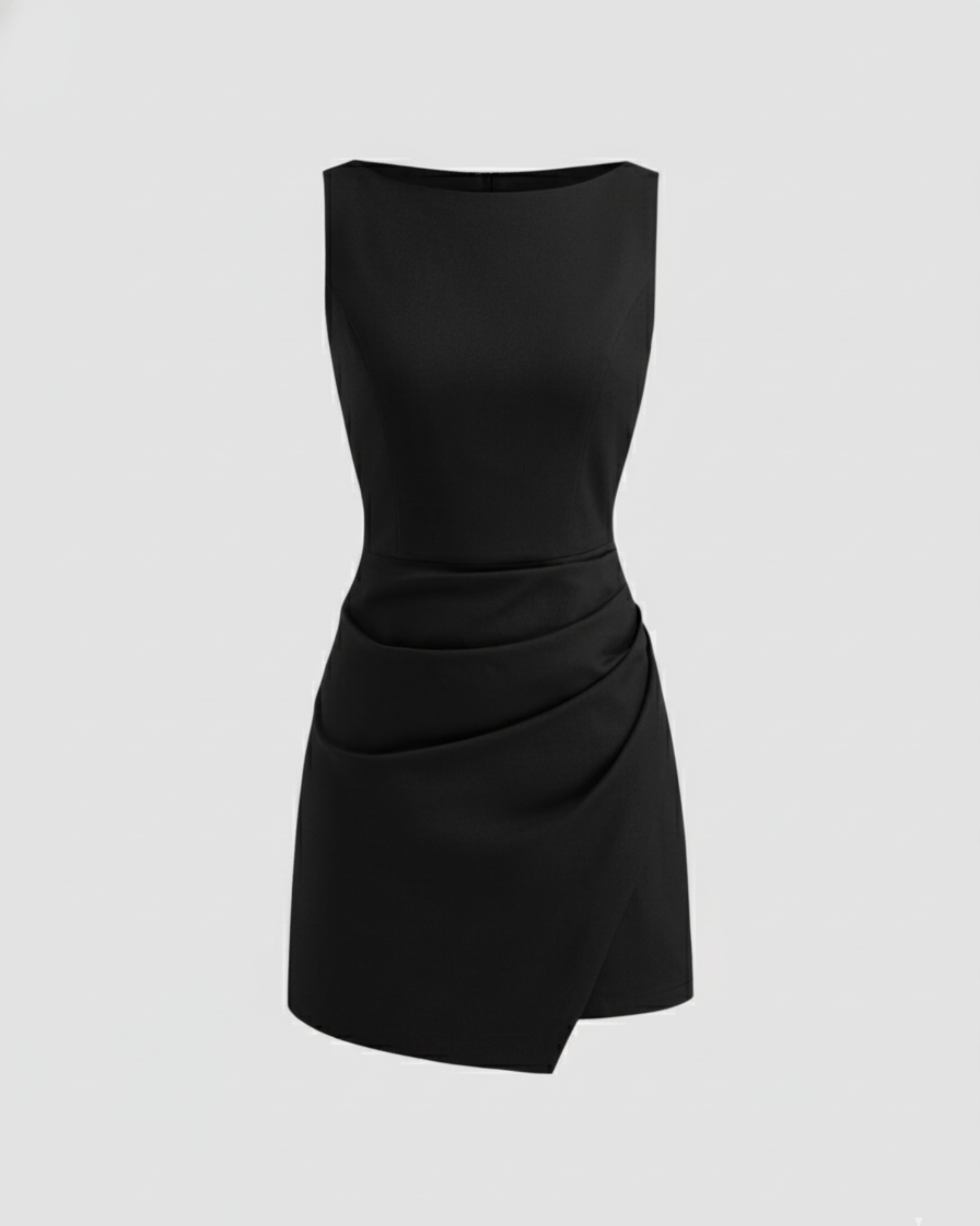 Linen-Blend Boat-Neck Draped Mini Dress - Black