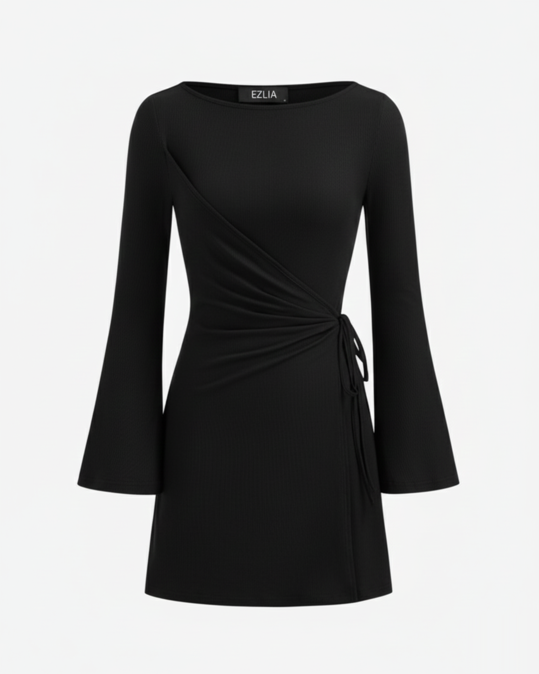 Wrap-Style Ruched Mini Dress with Bell Sleeves - Black