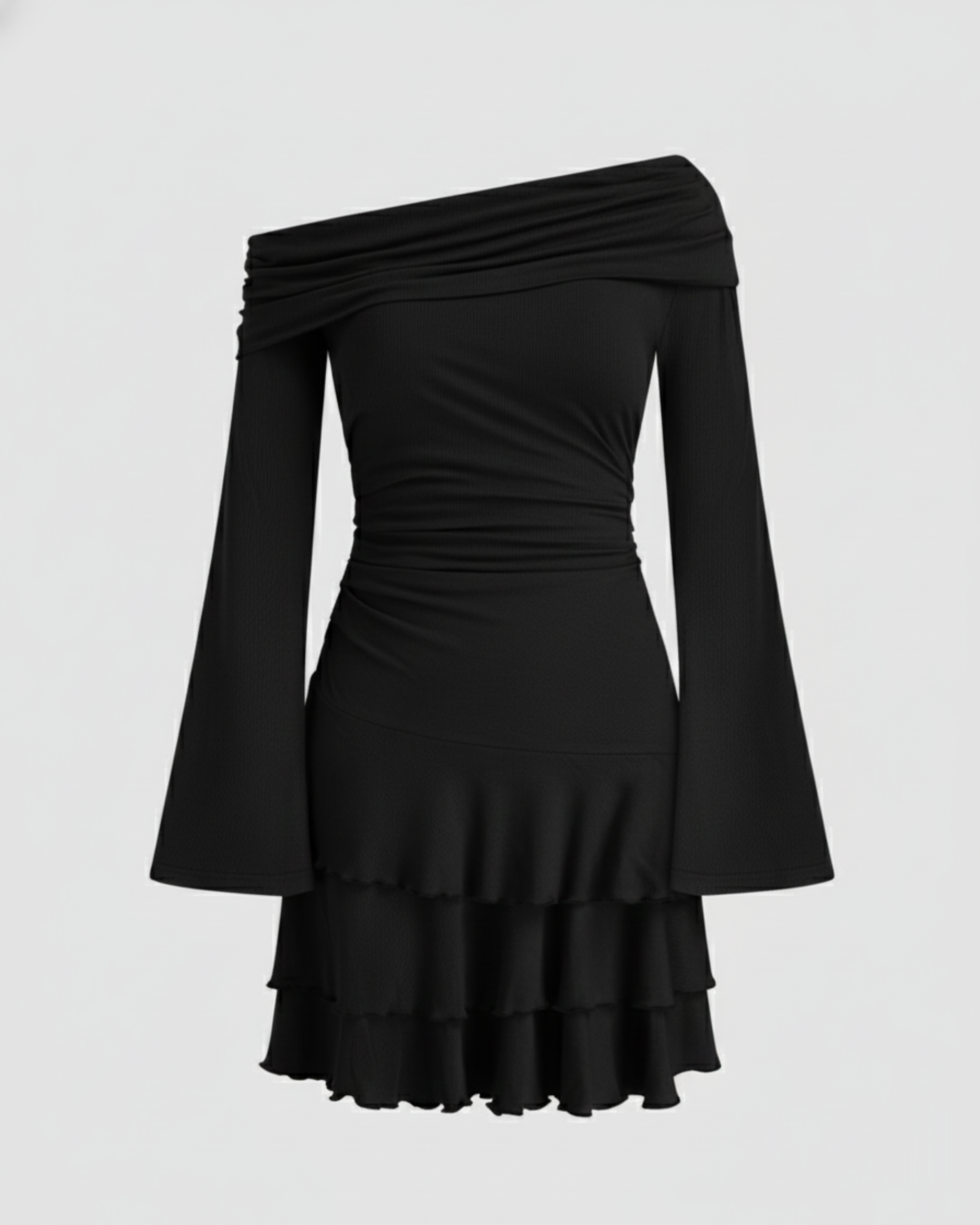 Layered Ruched Mini Dress with Asymmetrical Neckline - Black