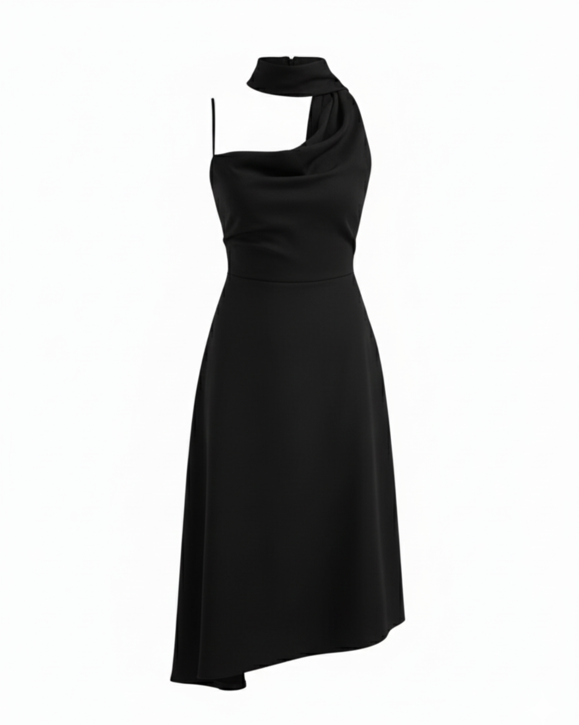 Draped Cowl Neck Ruched Midi Slip Dress - Black
