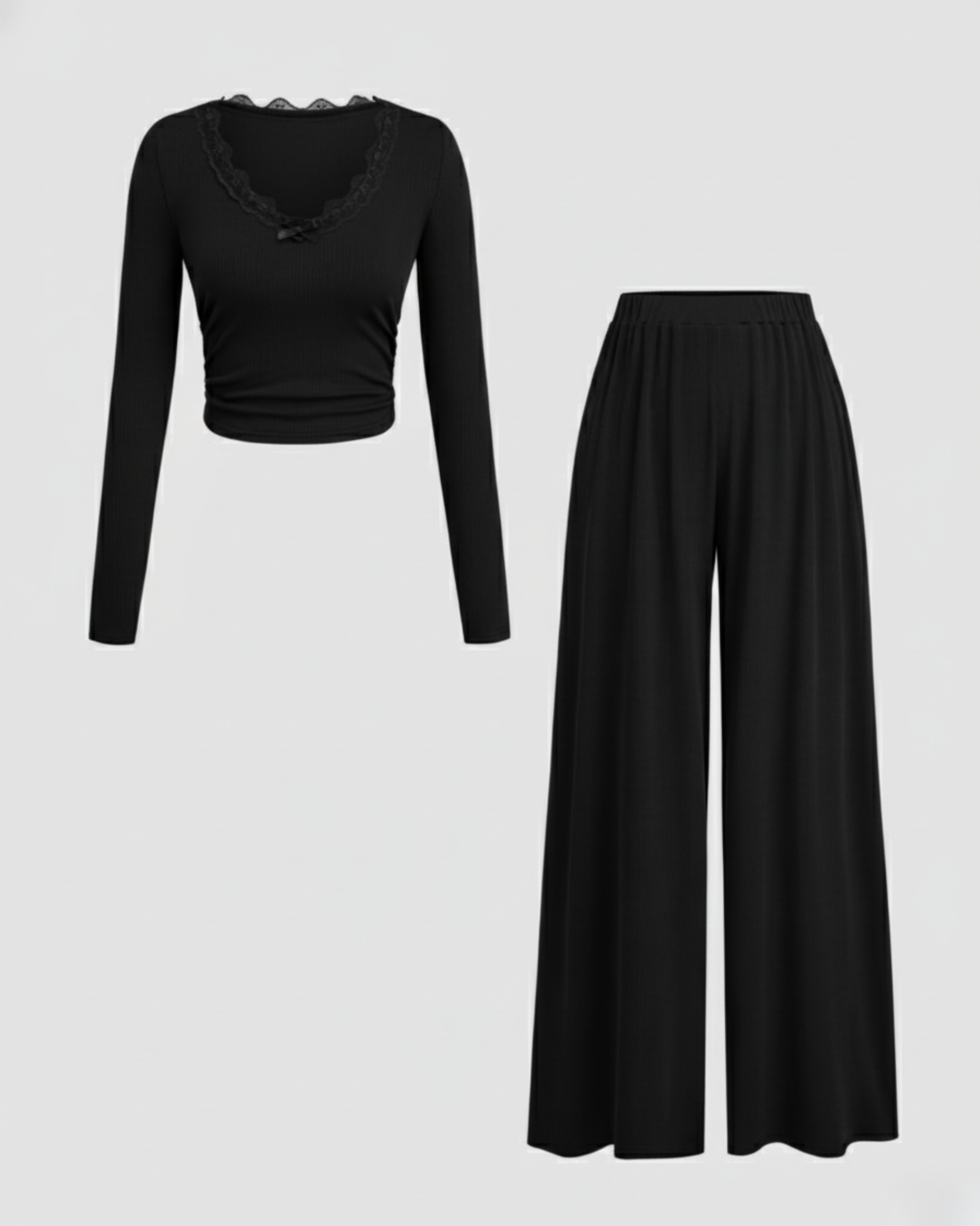 Lace Crop Top & Wide Leg Pant Set - Black