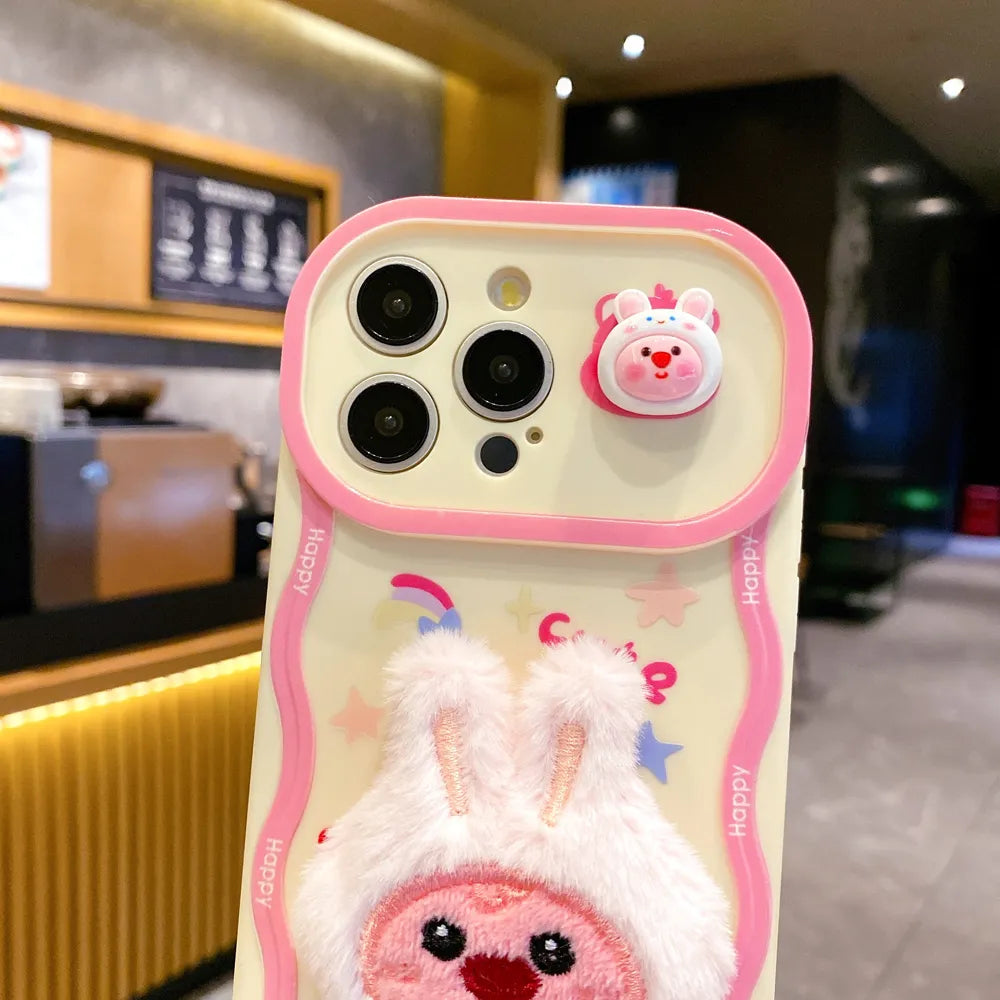 Fur Cartoon Wave Style Light Pink Color Printing TPU (Soft) Camera Protection iPhone Case