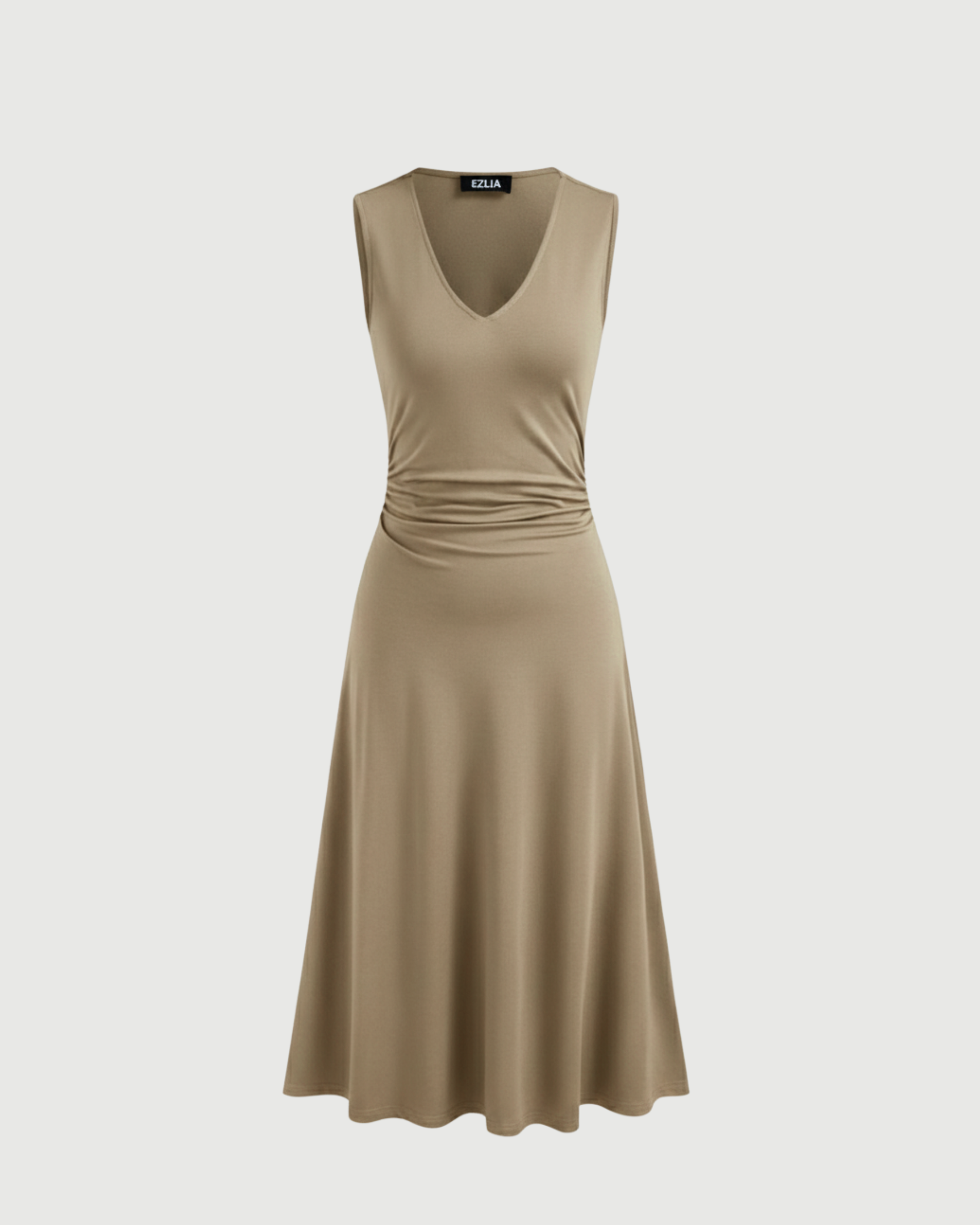 Elegant V-Neck Ruched Maxi Gown- Beige