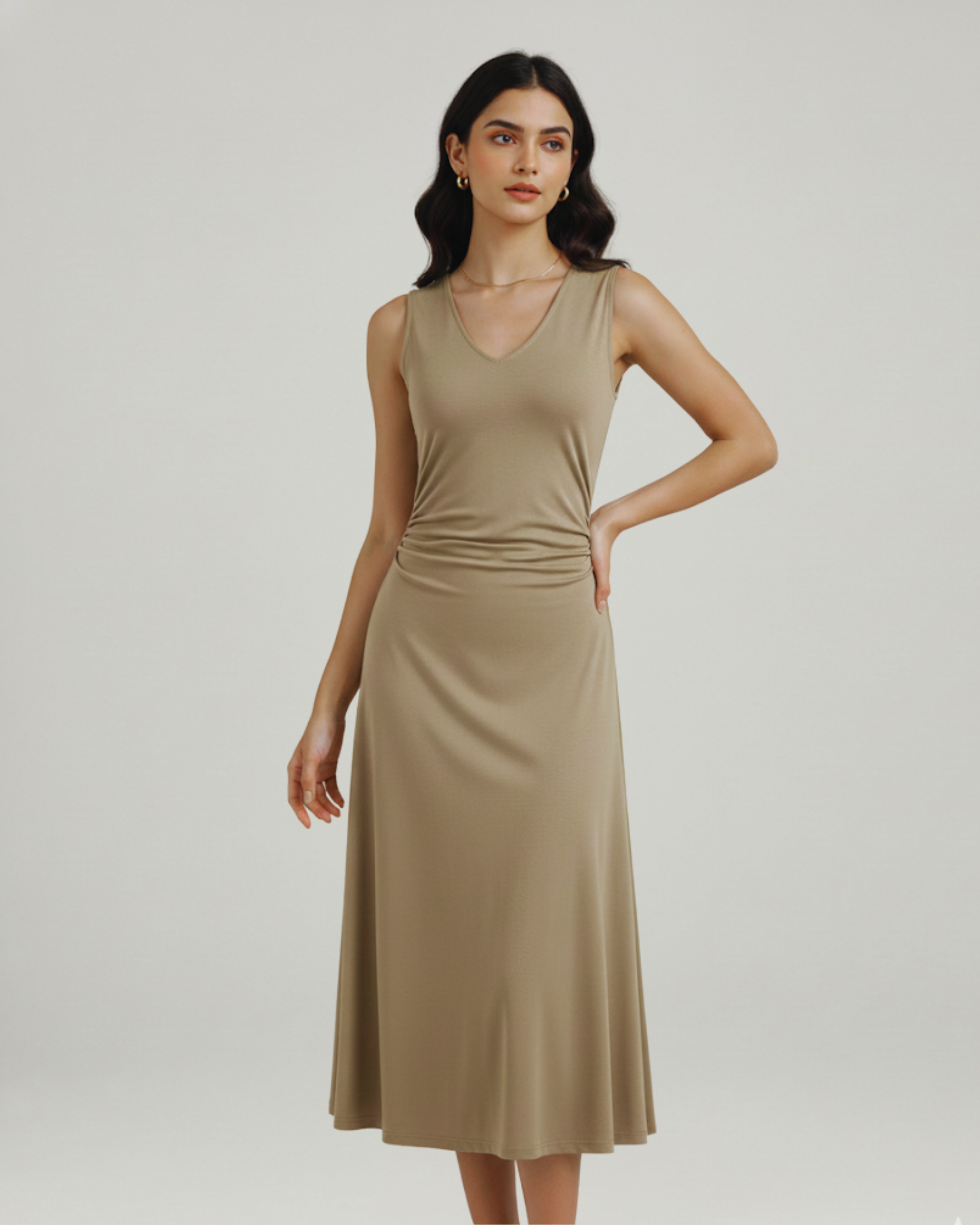 Elegant V-Neck Ruched Maxi Gown- Beige