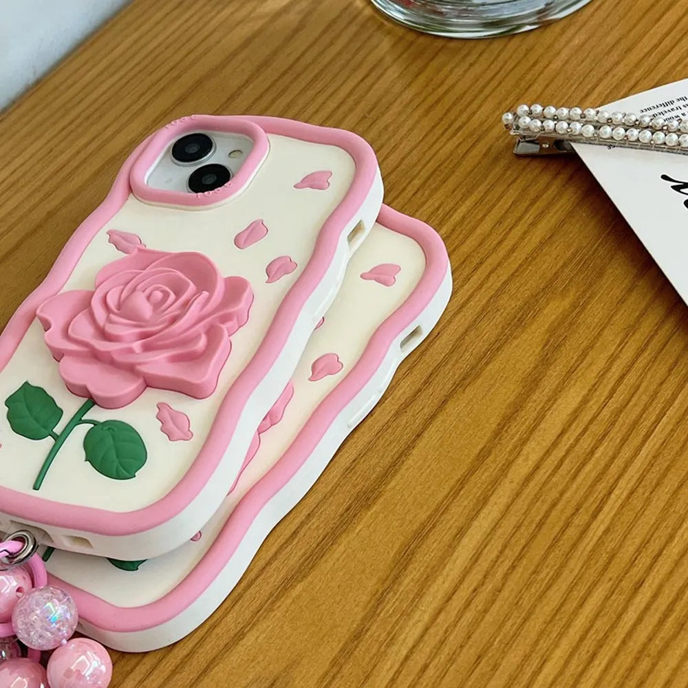 Ezlia Pink Rose Silicone Soft iPhone 15 Cover With Bracelet
