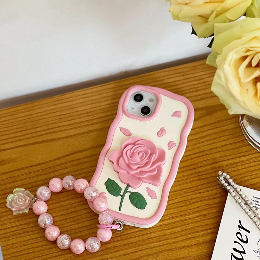 Ezlia Pink Rose Silicone Soft iPhone 16 Cover With Bracelet