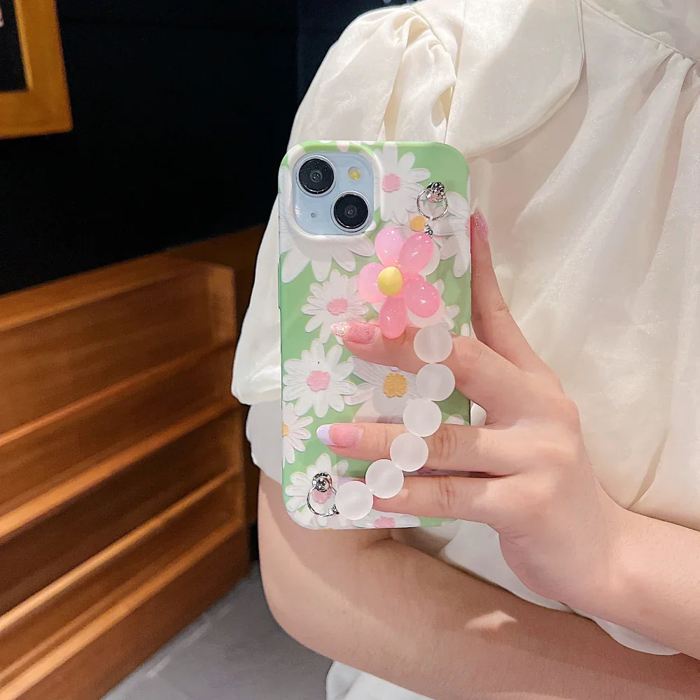 Ezlia iPhone 15 Mini Cover Flower Print Design Wrist Hand Strap TPU Soft Case