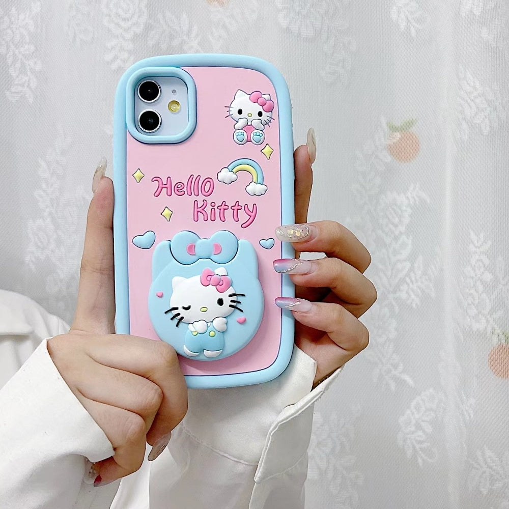 Full Protective Bow Cat Doll (Hello Kitty ) Flip Pink and sky blue Color Mirror iPhone 12 Pro case