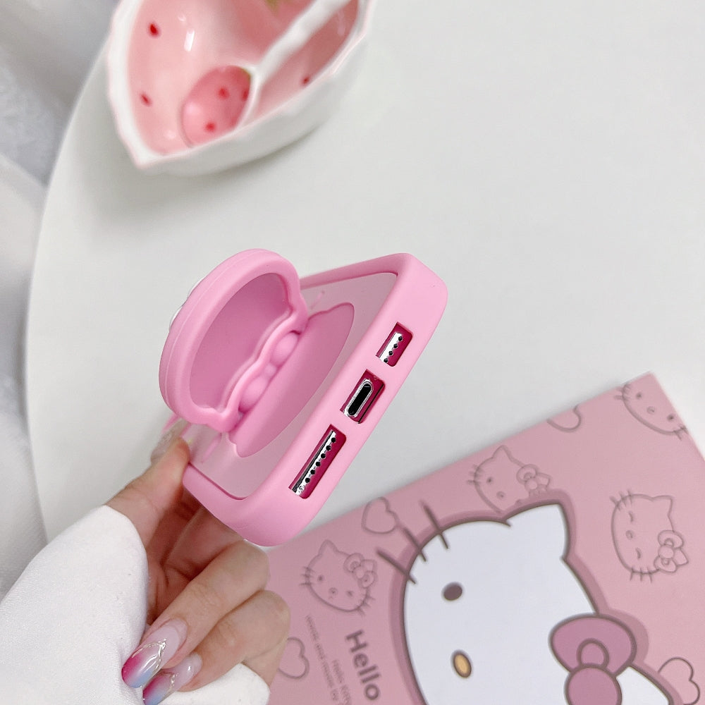 Full Protective Bow Cat Doll (Hello Kitty ) Flip Pink color Mirror iPhone 14 Cover