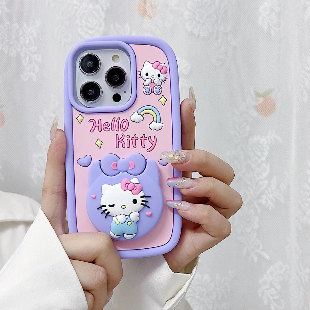Full Protective Bow Cat Doll (Hello Kitty ) Flip Purple Color Mirror iPhone 15 Pro Max case