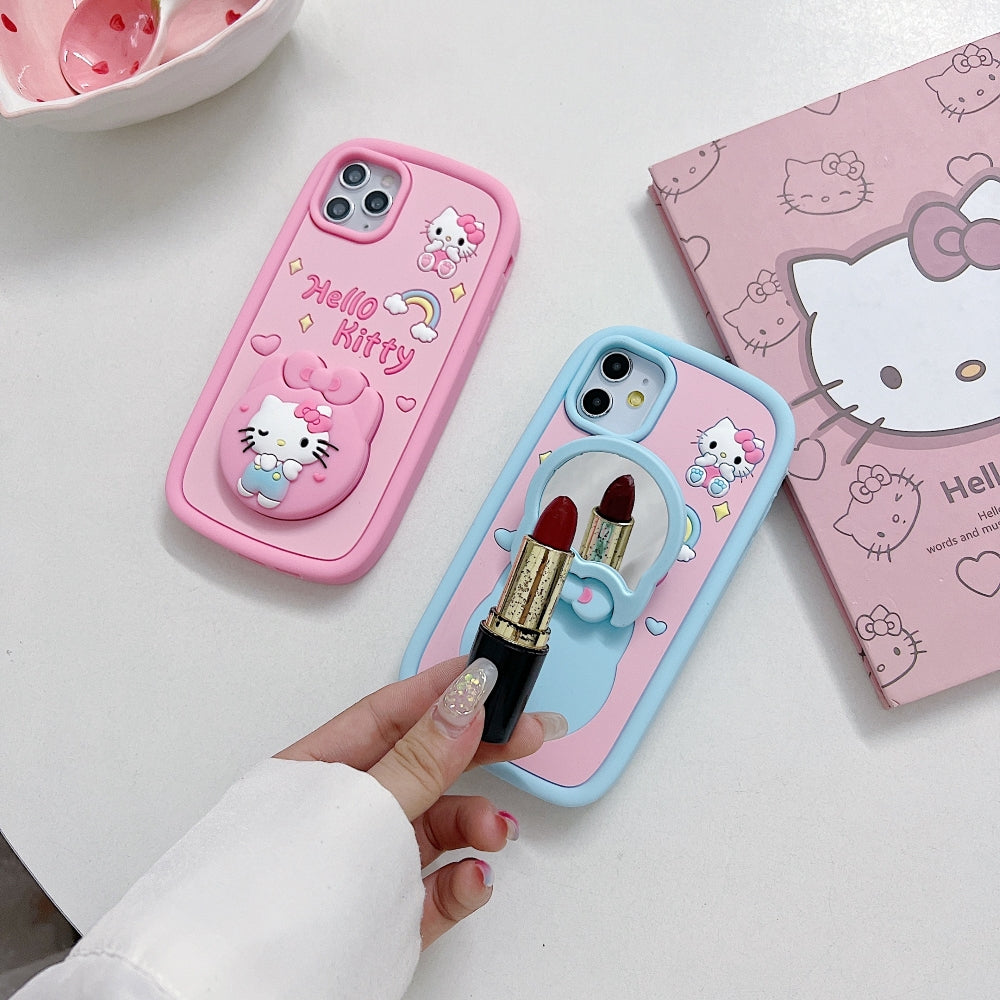 Full Protective Bow Cat Doll (Hello Kitty ) Flip Sky Blue and Pink Colors Mirror iPhone 14 Pro Max case