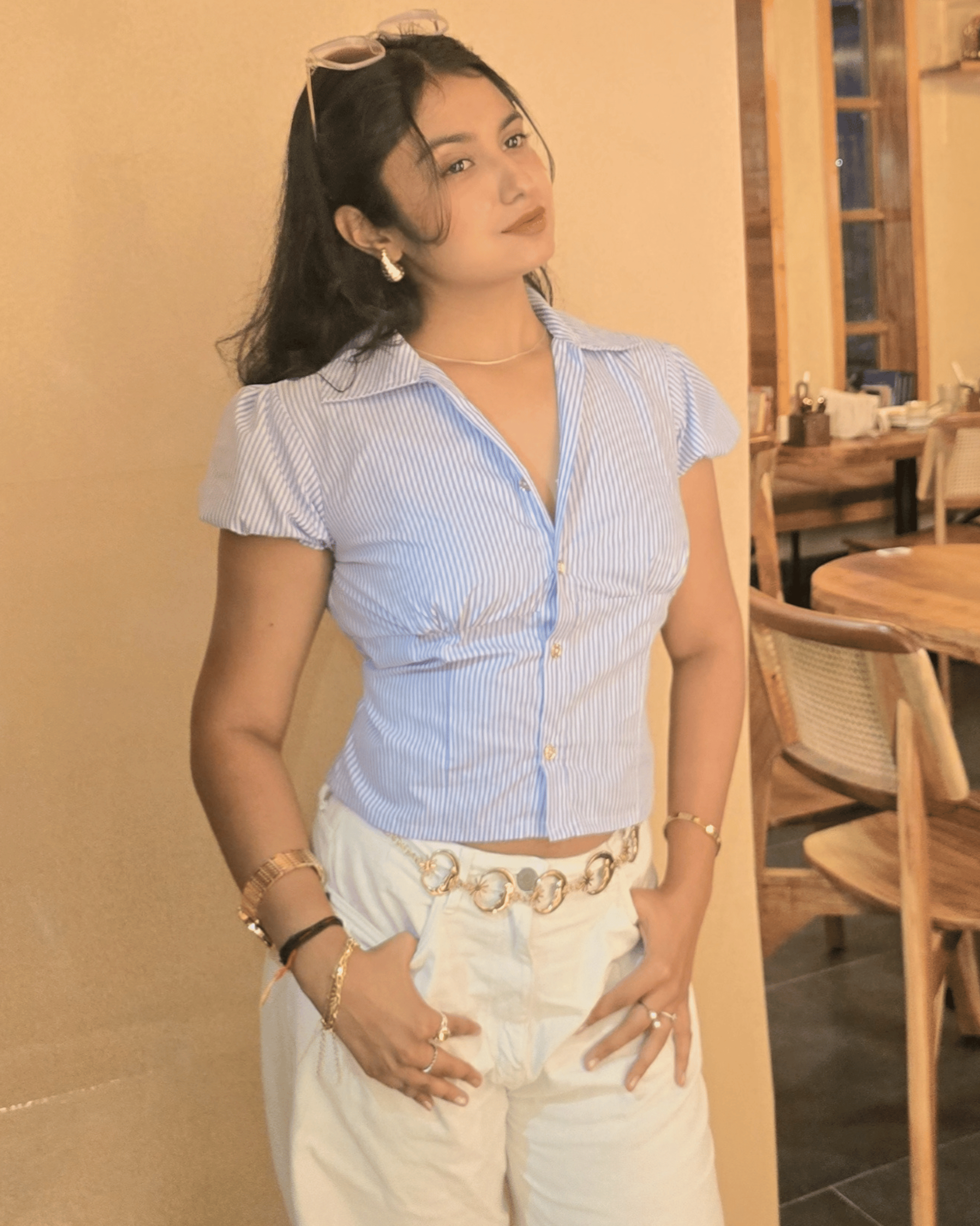 Top Blue & White Striped Puff Sleeves