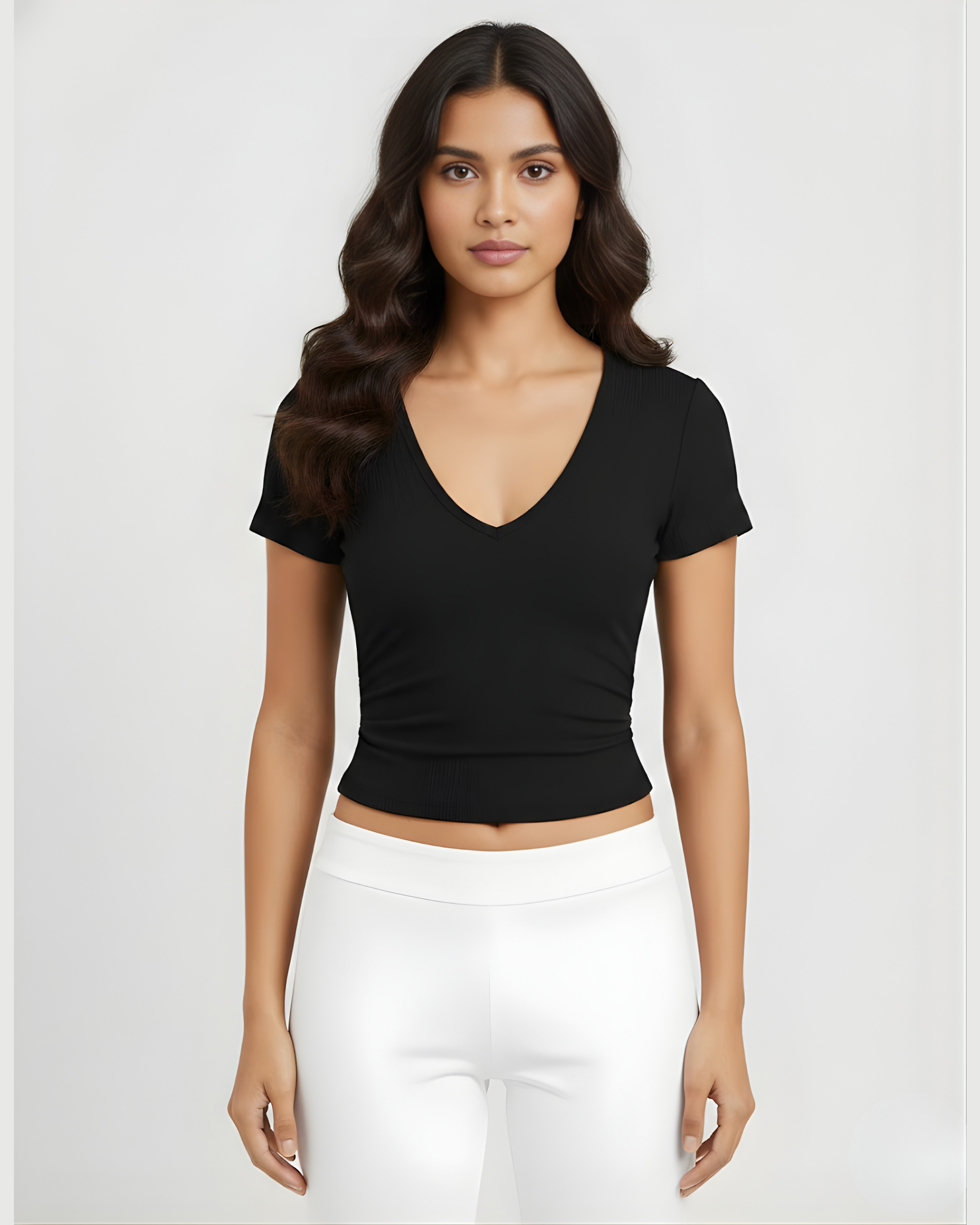 V-Neck Ruched Crop Top – Black