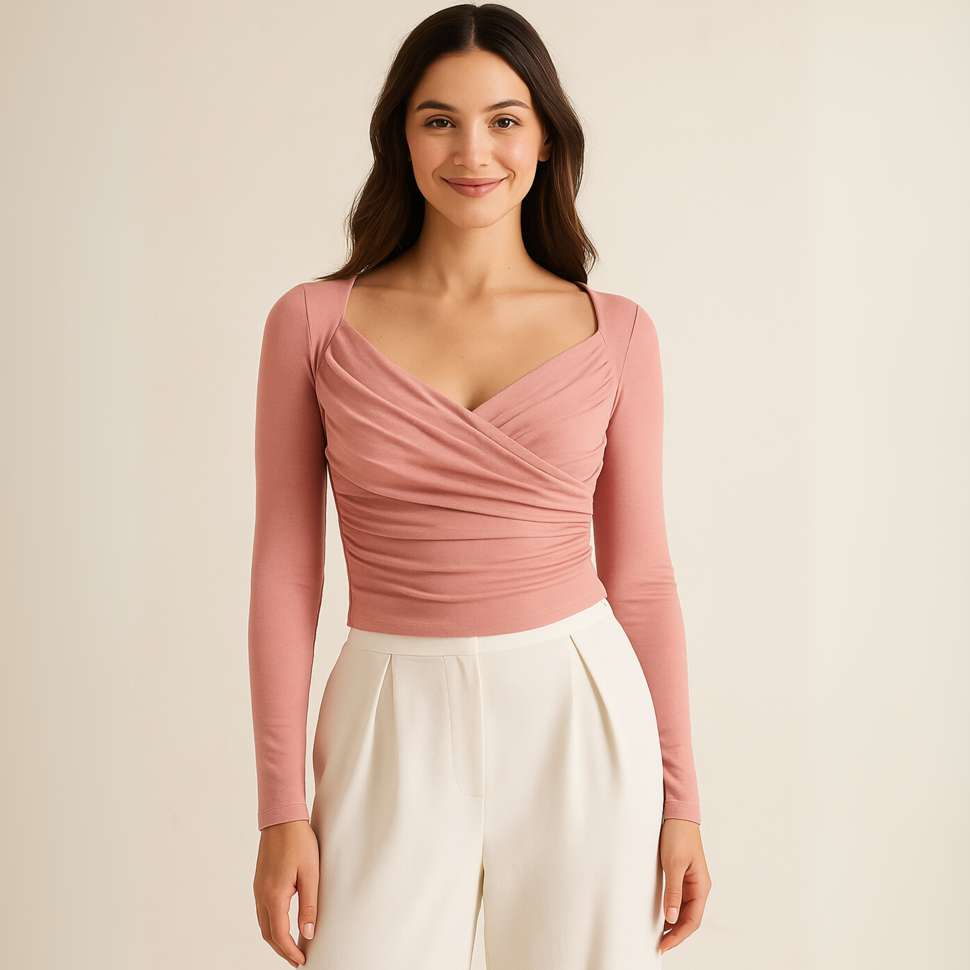 Ruched Wrap Long Sleeve Crop Top