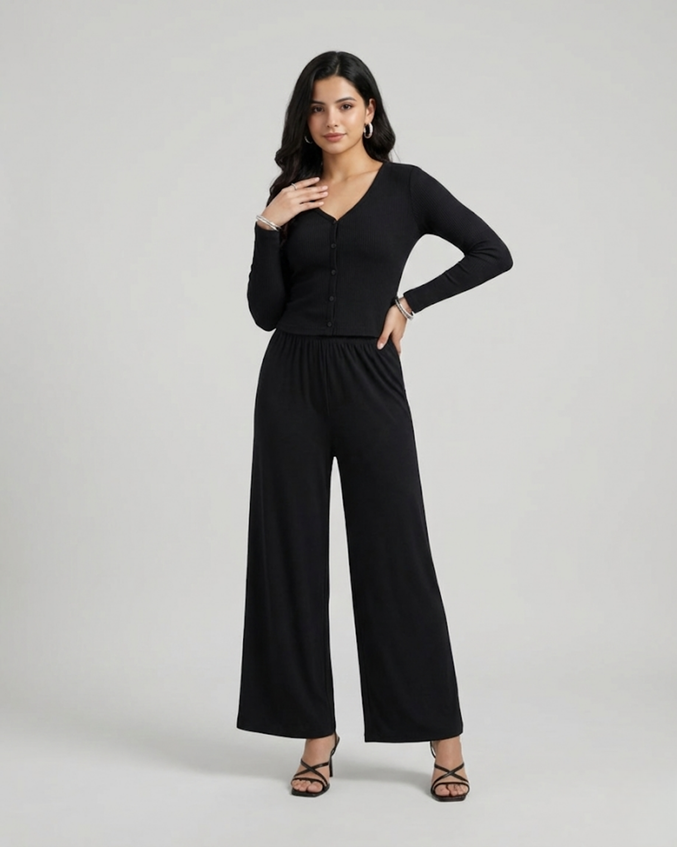 Button-Front Long Sleeve Loungewear Set