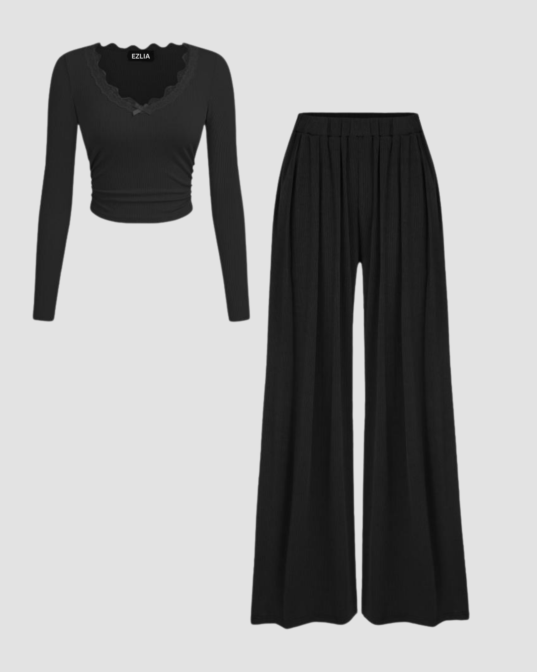 Lace Bowknot Crop Top & Petite Wide Leg Pants