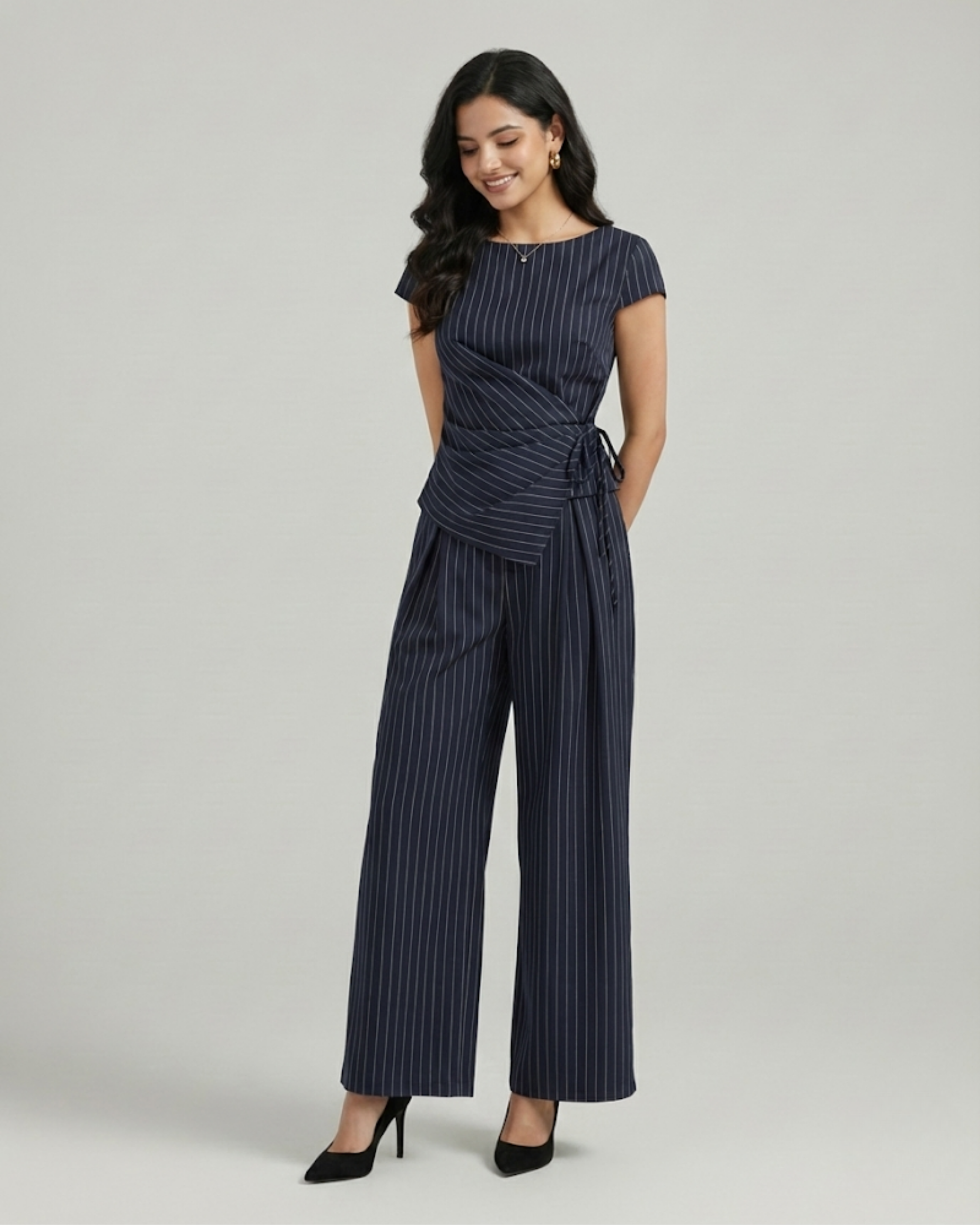 Striped Wrap-Knot Top & Straight Leg Trouser Set
