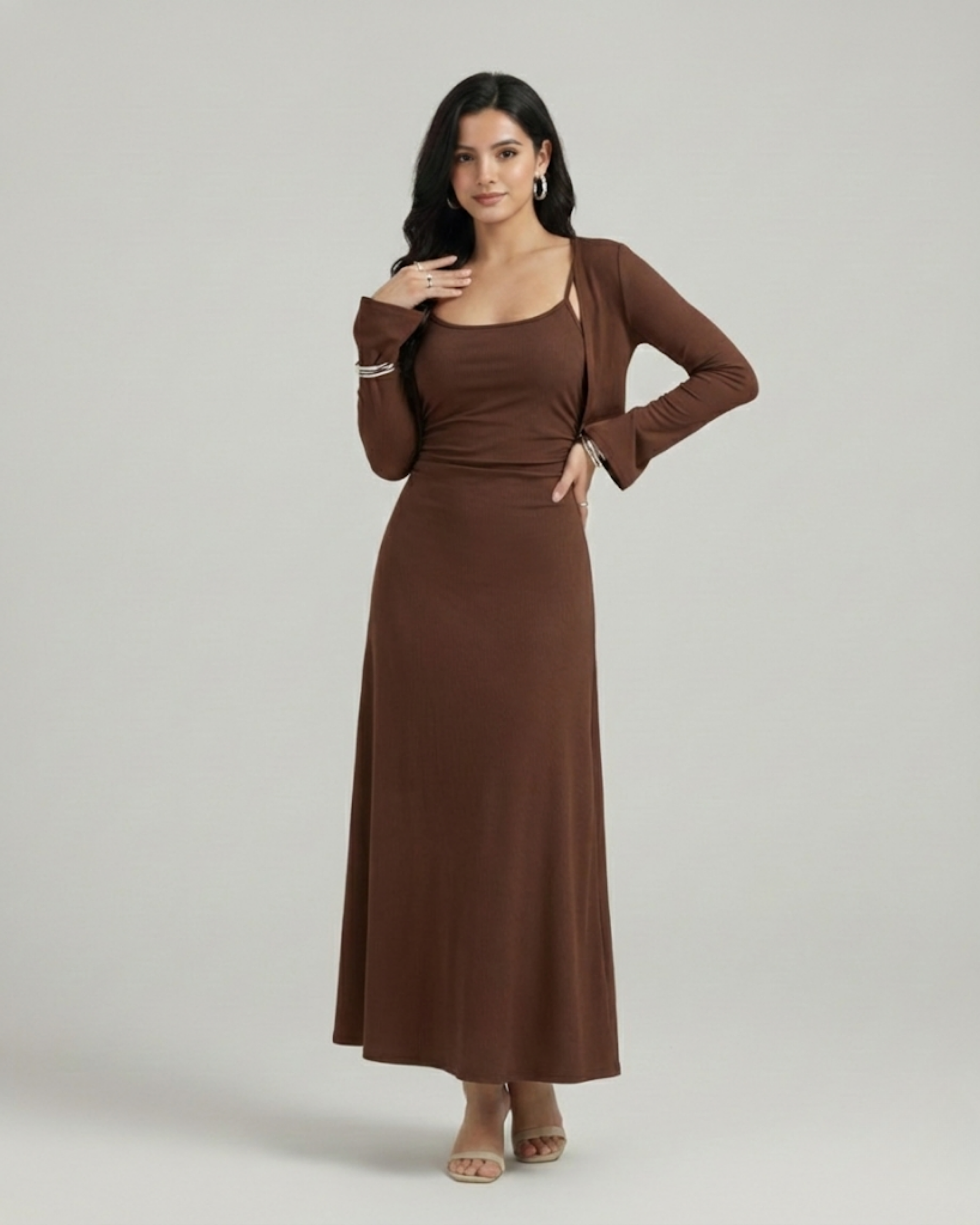 Ruched Cami Maxi Dress & Cardigan Ensemble
