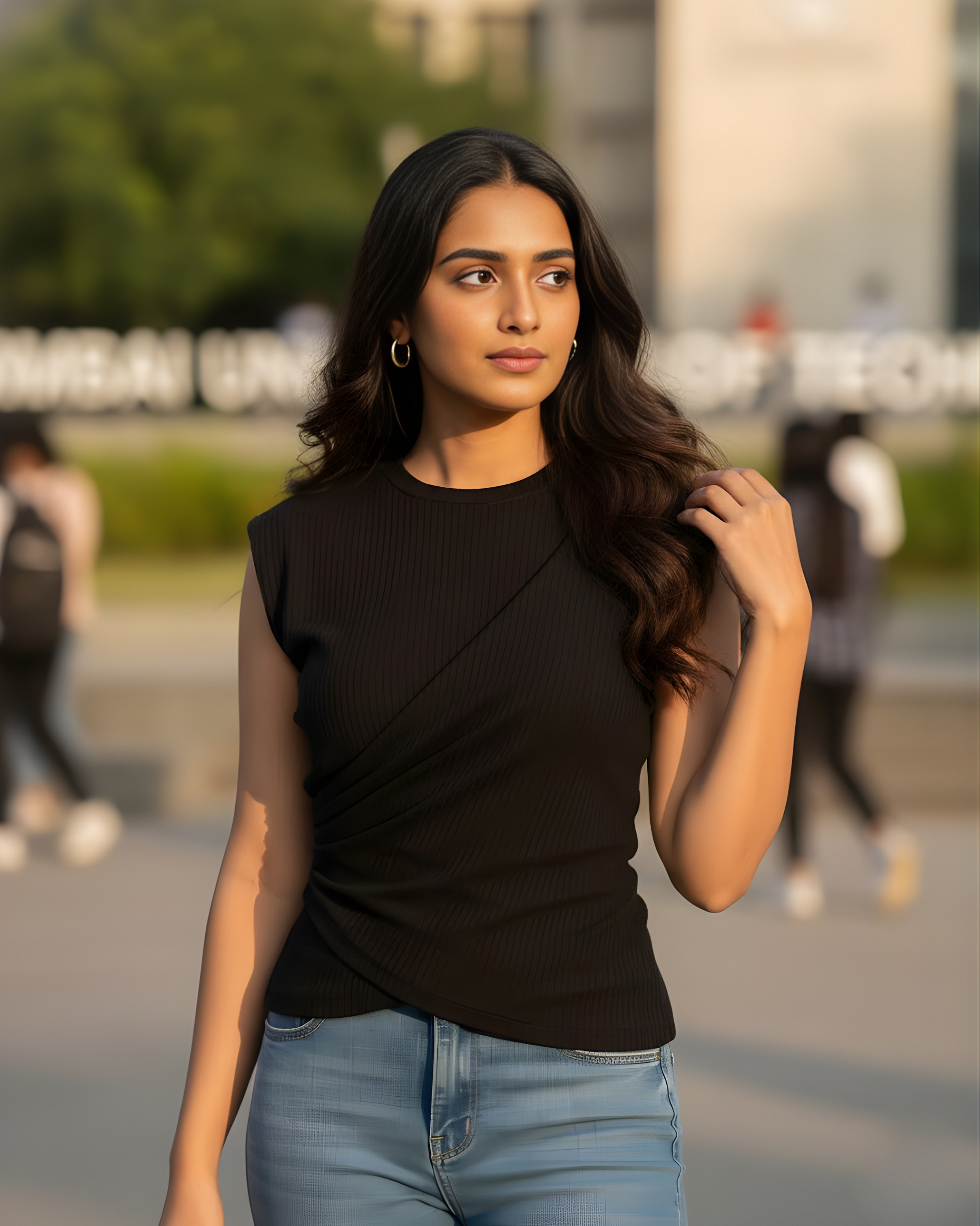 Black Wrap Effect Ribbed Top