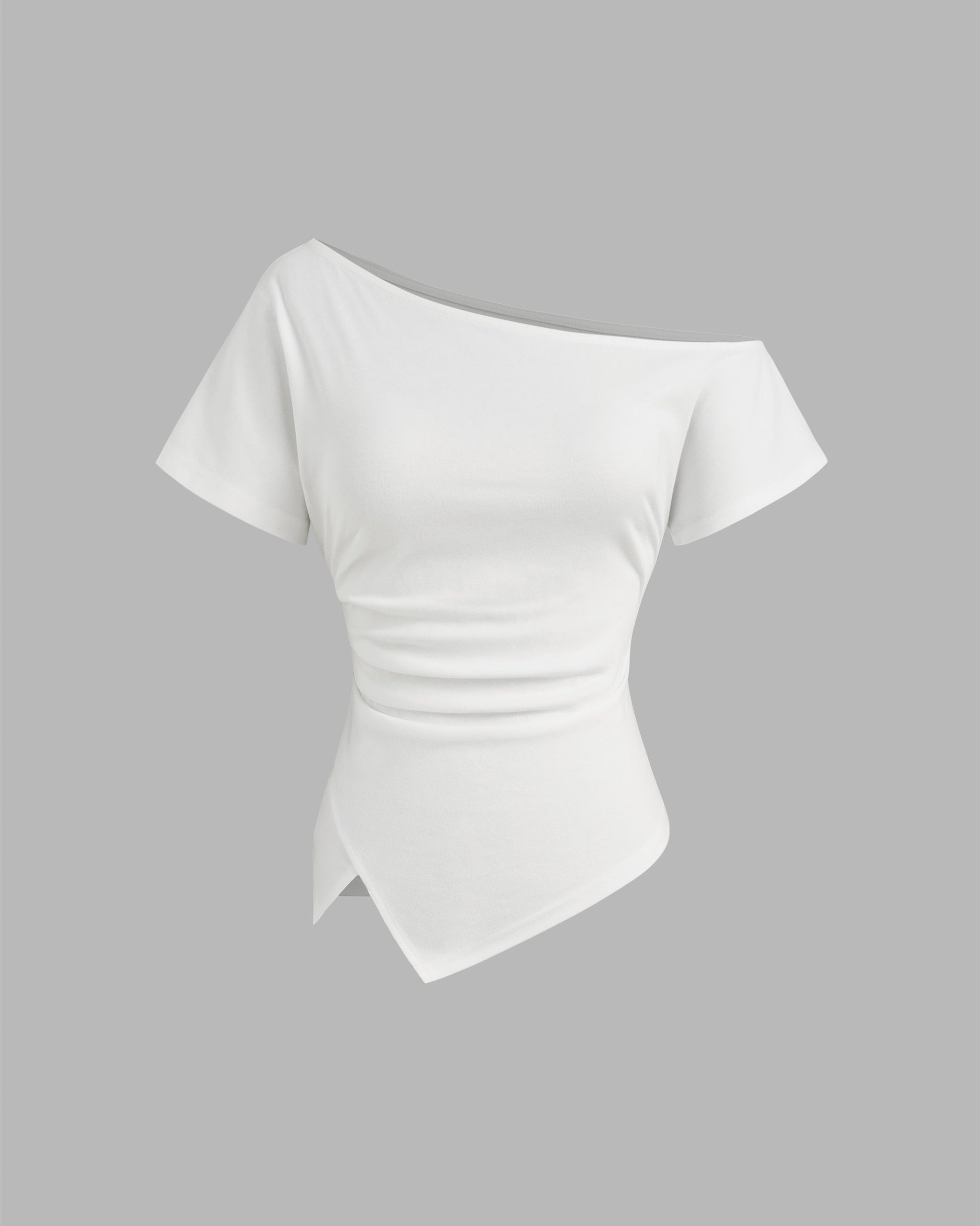 Cotton-blend Asymmetrical Neck Ruched Tee-White