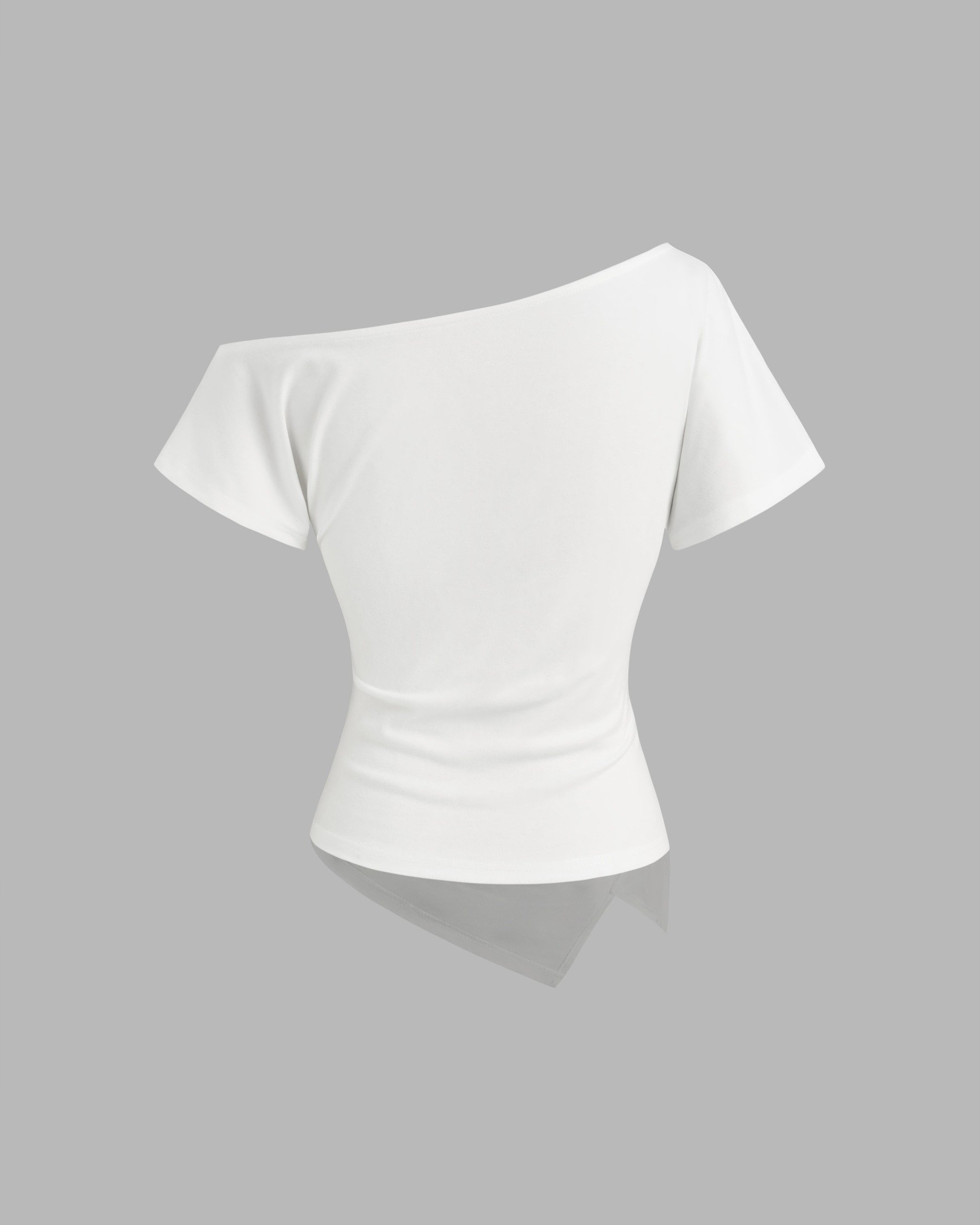 Cotton-blend Asymmetrical Neck Ruched Tee-White
