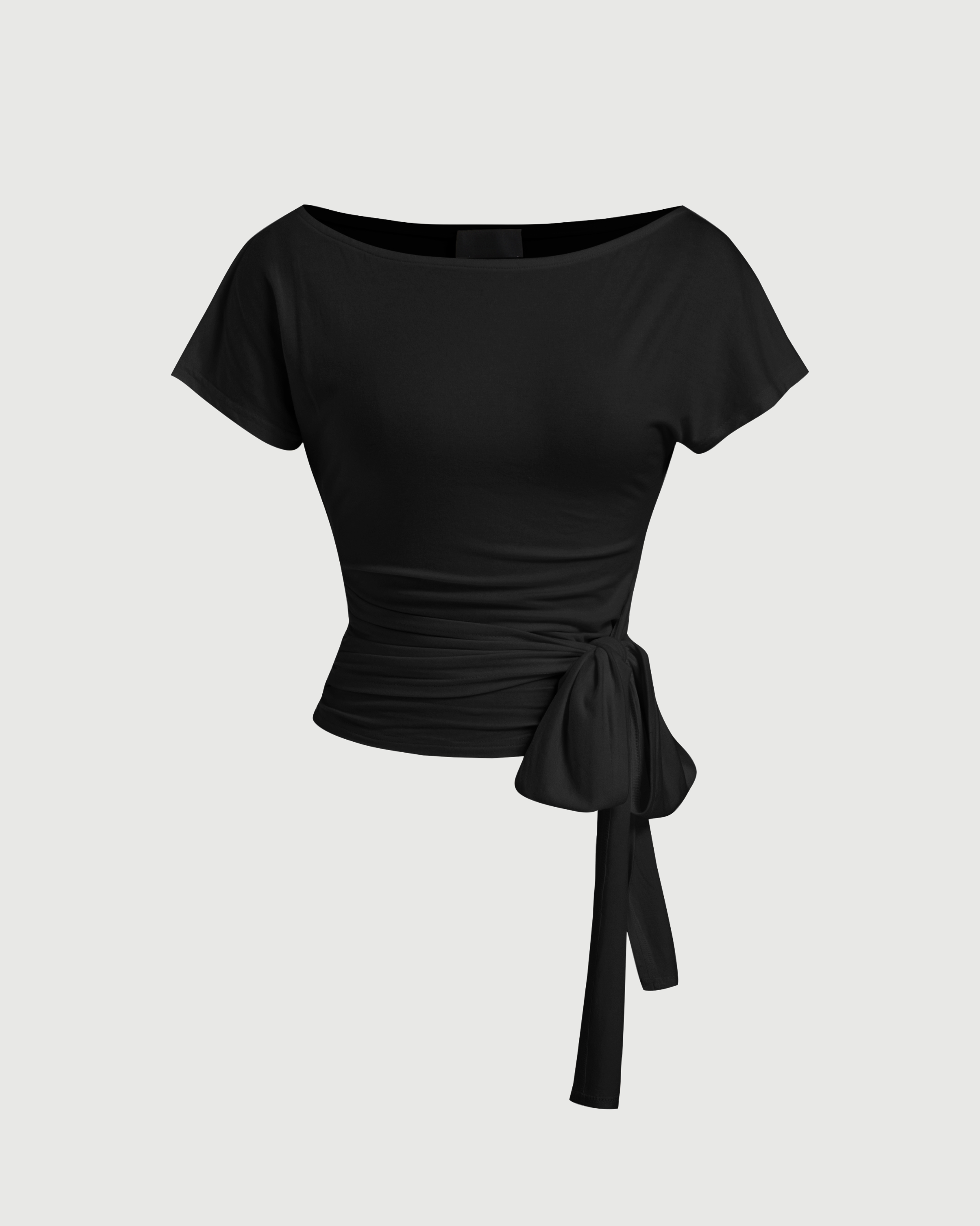 Asymmetrical Neck Short Sleeve Knotted Ruched Top-Black