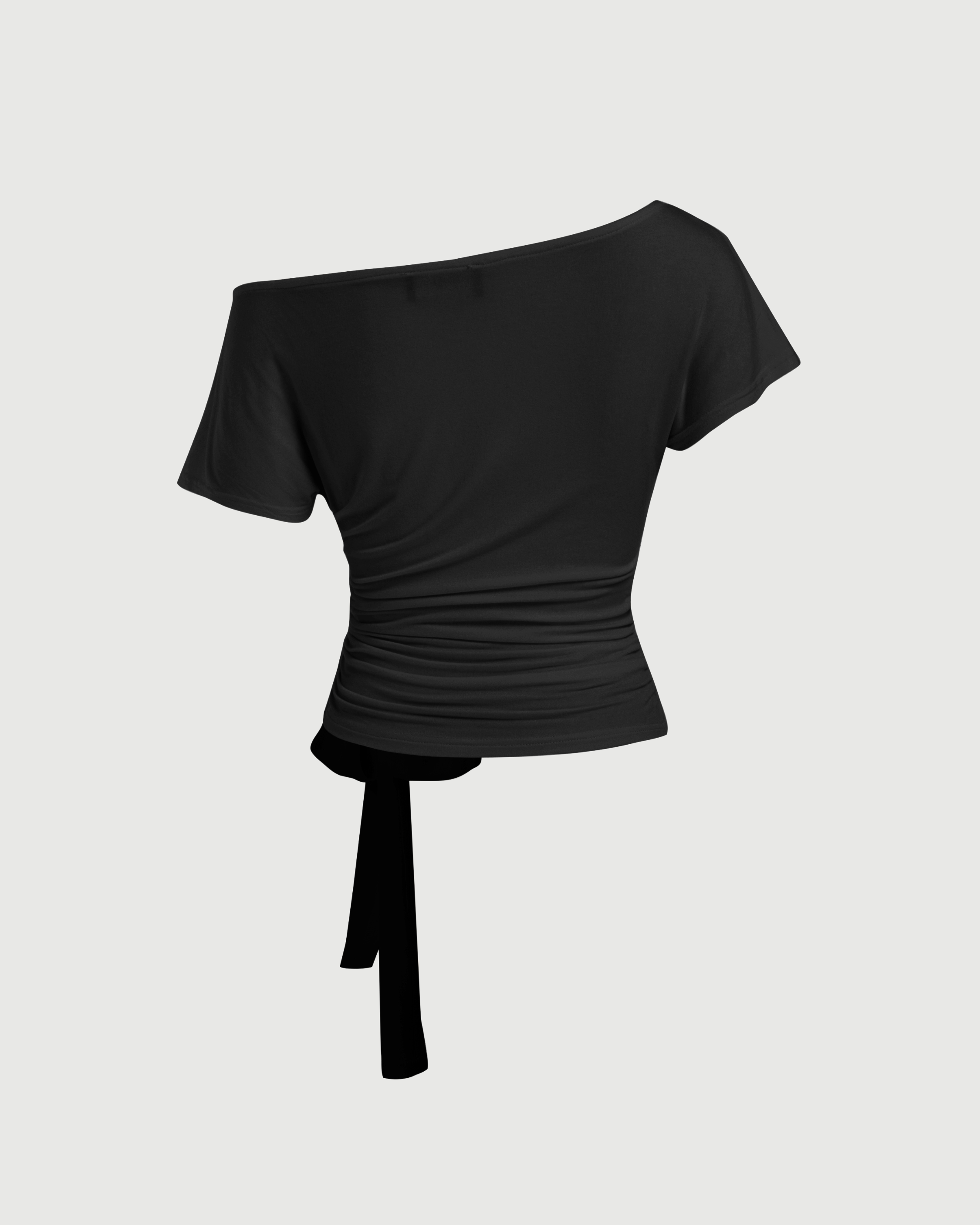 Asymmetrical Neck Short Sleeve Knotted Ruched Top-Black