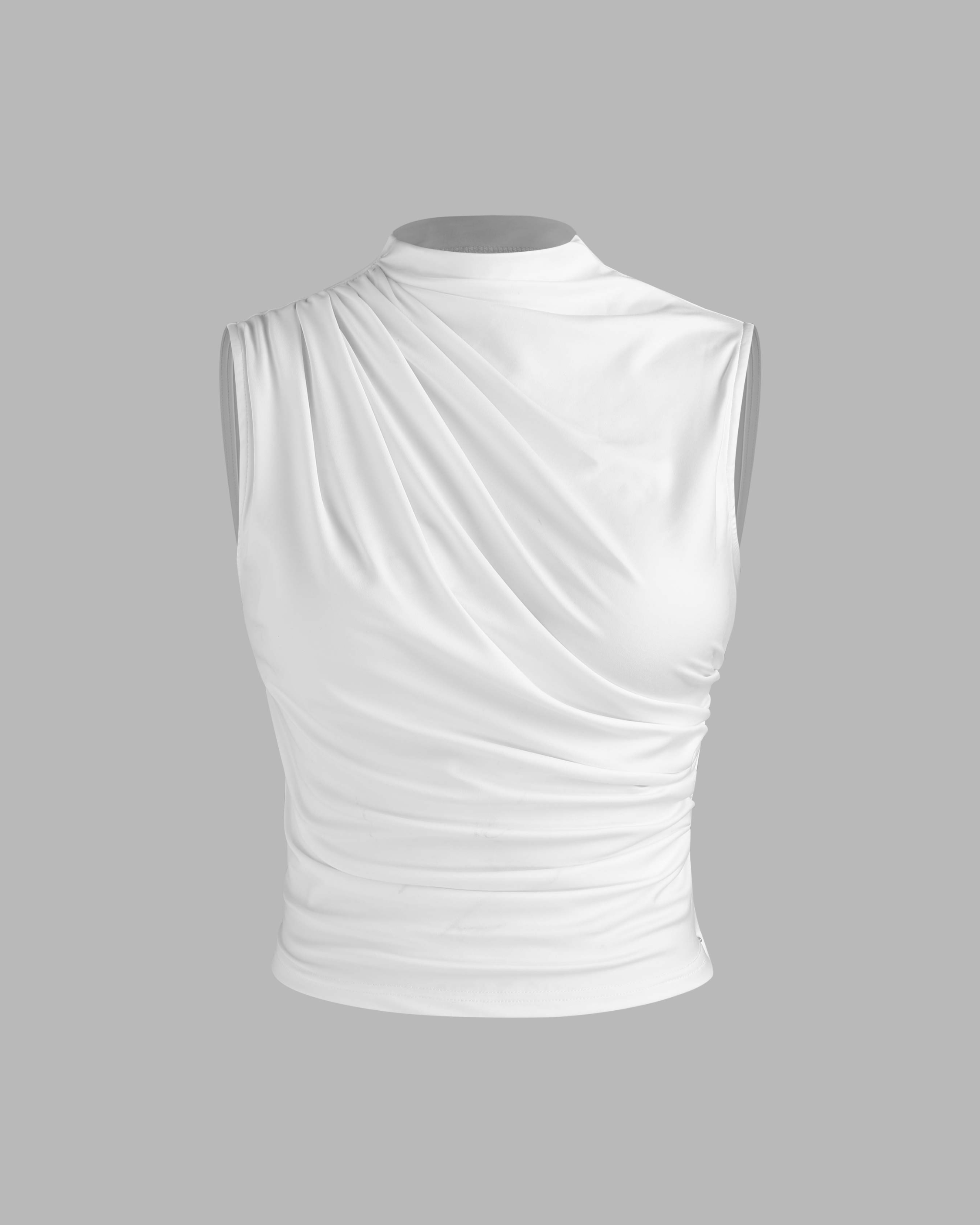 Asymmetrical High Neck Ruched Crop Top-White