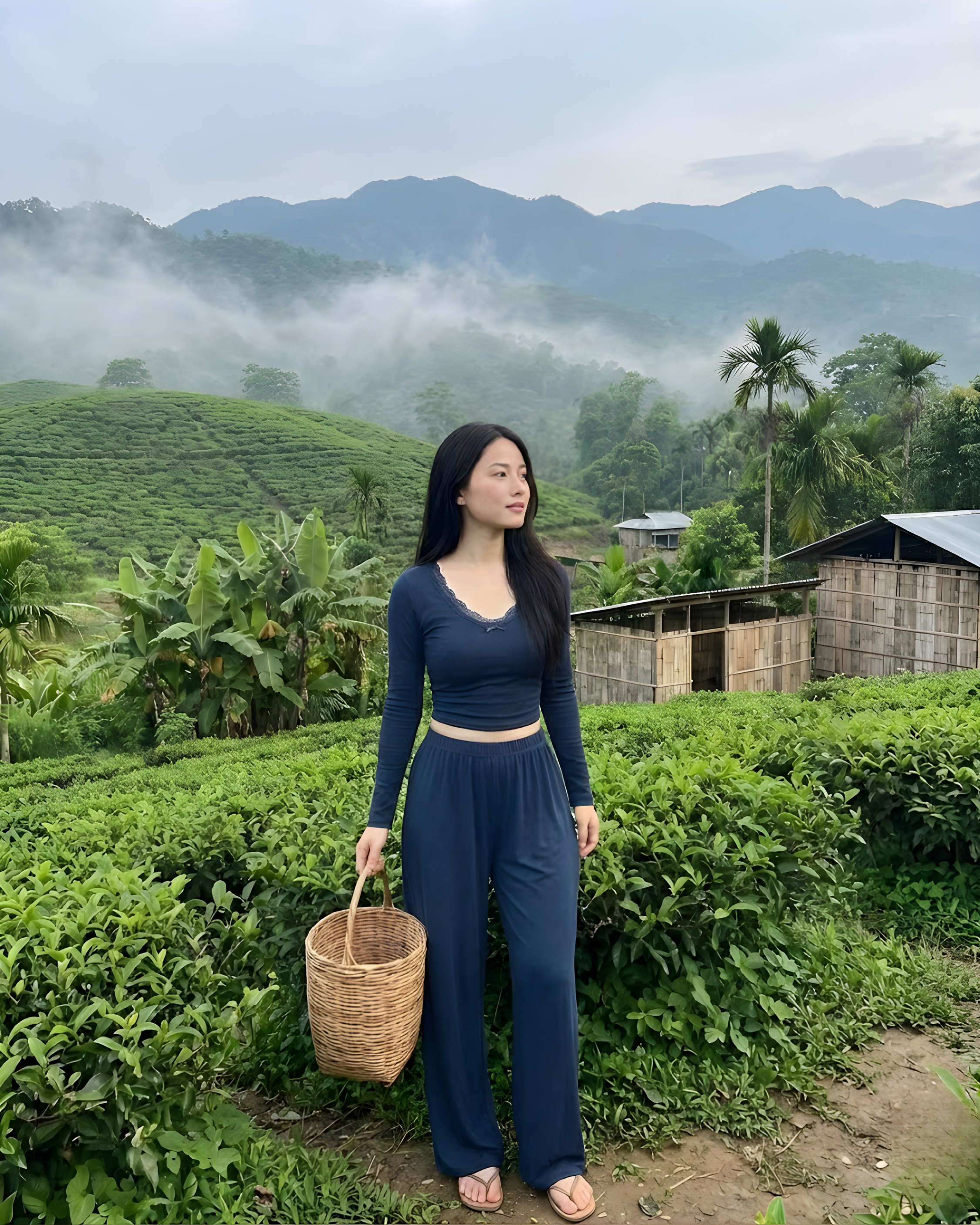 Lace Crop Top & Wide Leg Pant Set-Blue