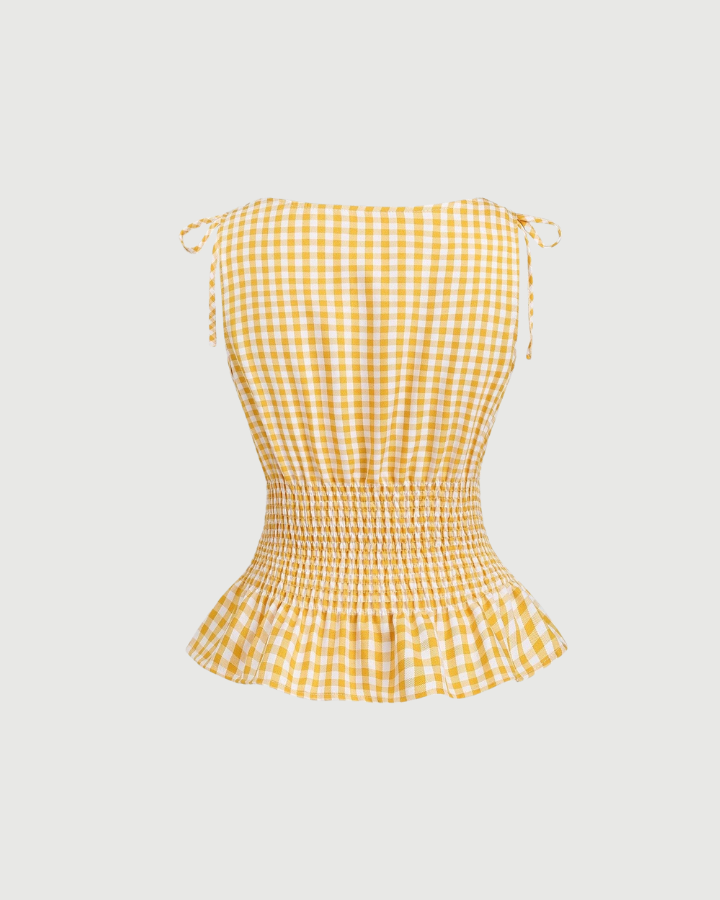 French Style Plaid Tie Shoulder Fitted Tank Top-yellow & White